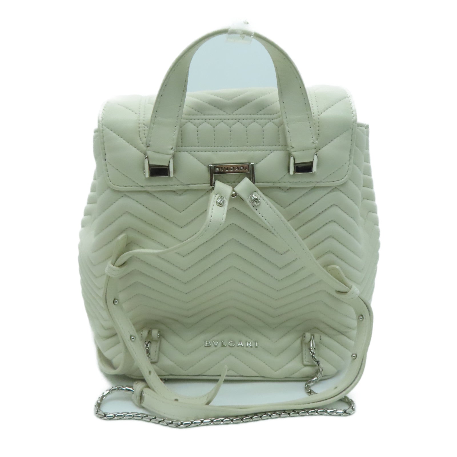 BVLGARI [sharp discount] twill cowhide leather Backpack silver buckle backpack white