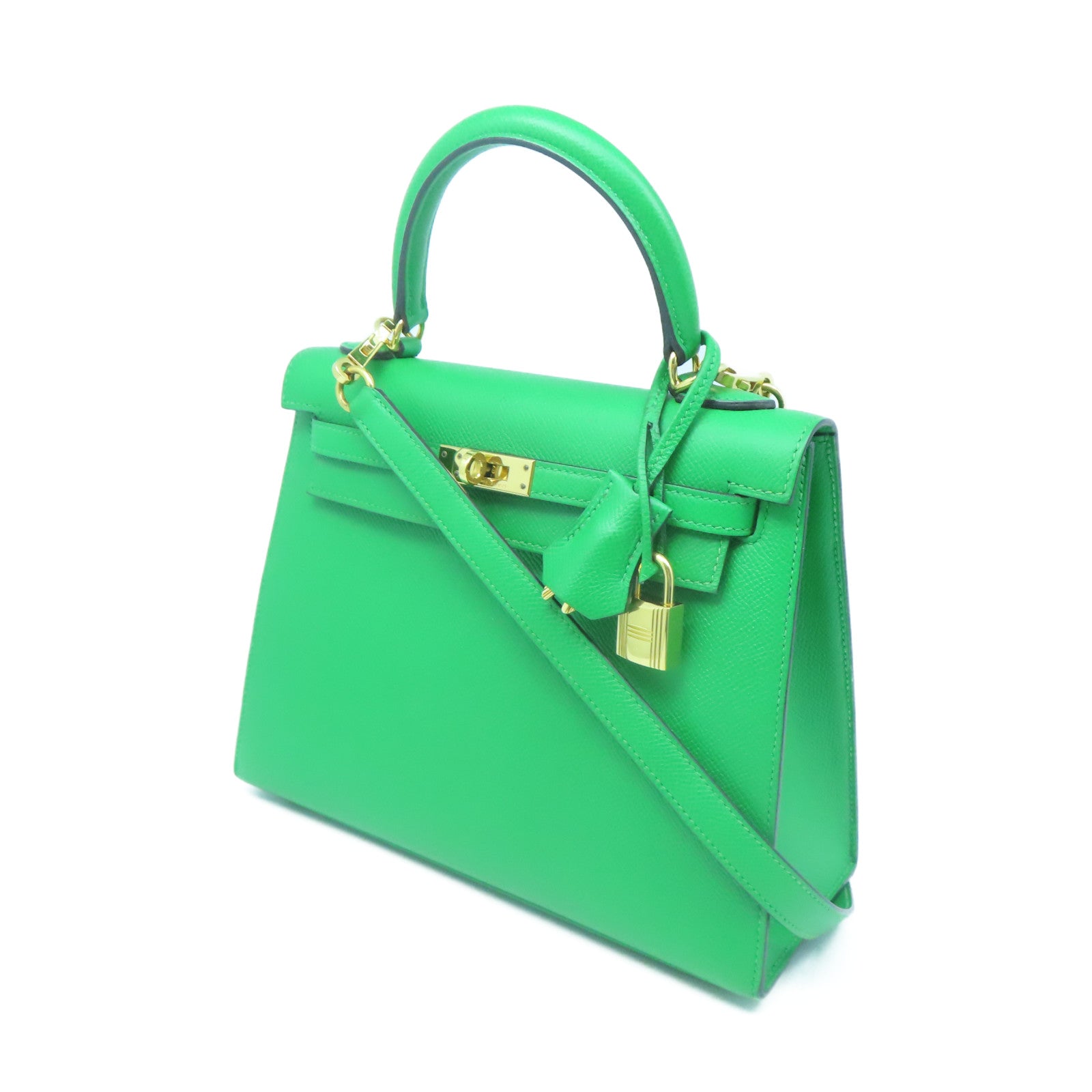 HERMES Epsom Leather Kelly 25 Gold Buckle Handle Shoulder Bag Bamboo Green
