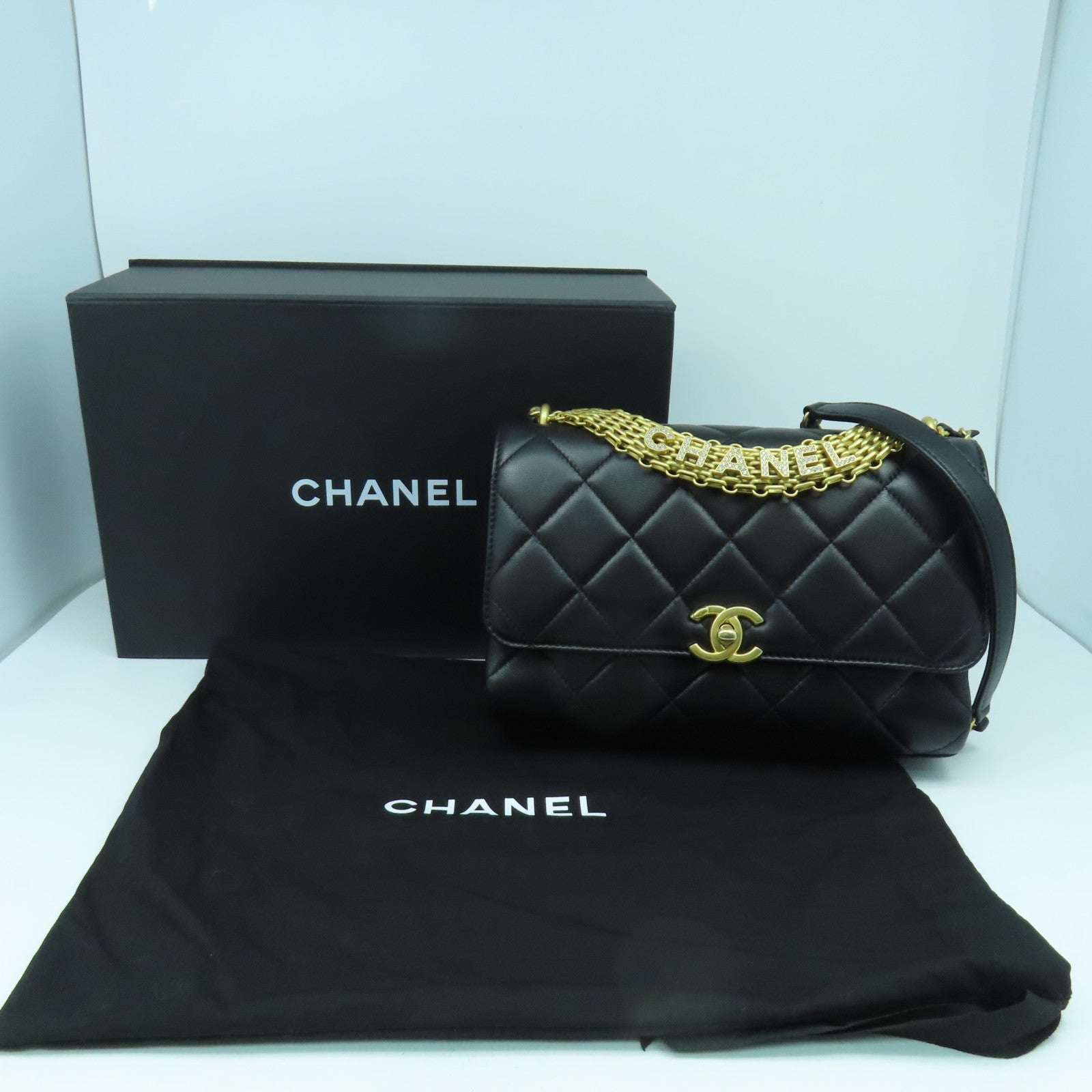 CHANEL 菱格羊皮皮革Shoulder Bag金扣手挽肩背兩用袋黑色
