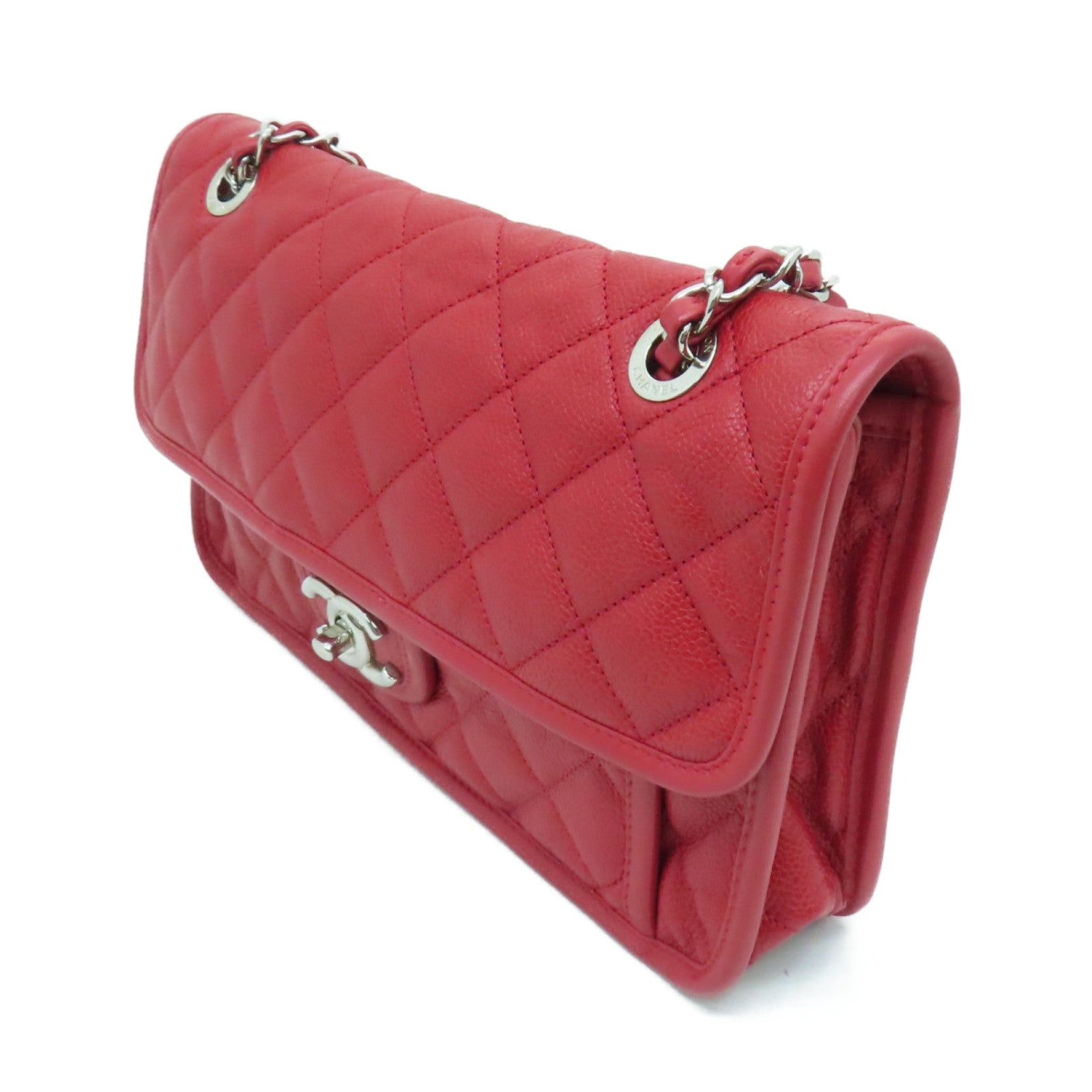 CHANEL 菱格牛皮皮革Chain Shoulder Bag銀扣鏈帶肩背袋紅色