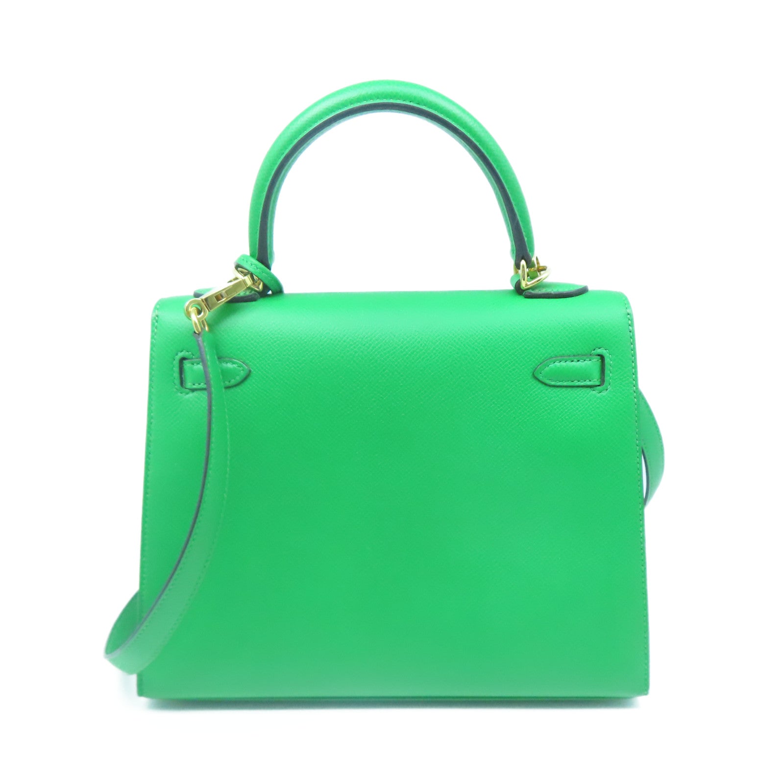 HERMES Epsom Leather Kelly 25 Gold Buckle Handle Shoulder Bag Bamboo Green