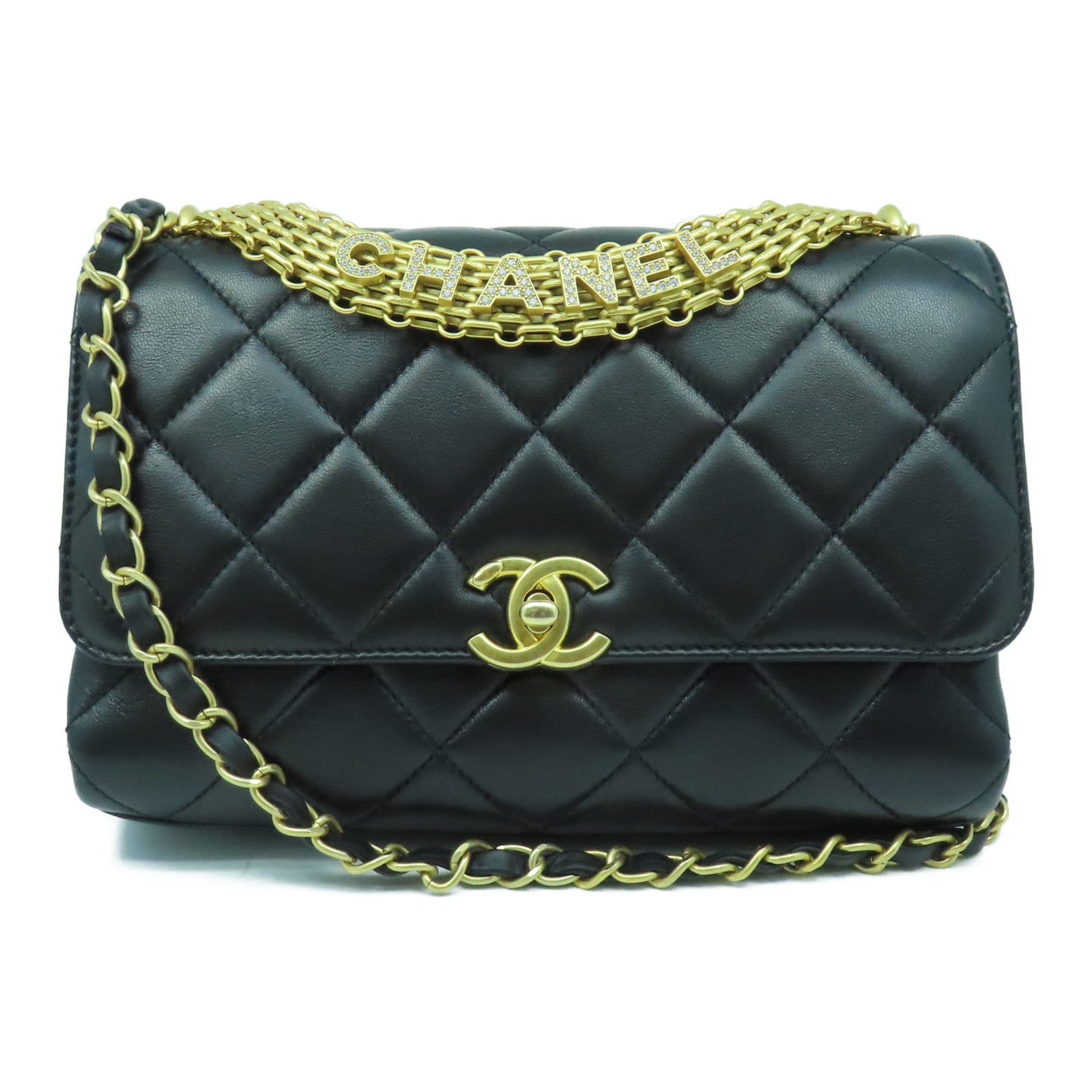 CHANEL 菱格羊皮皮革Shoulder Bag金扣手挽肩背兩用袋黑色