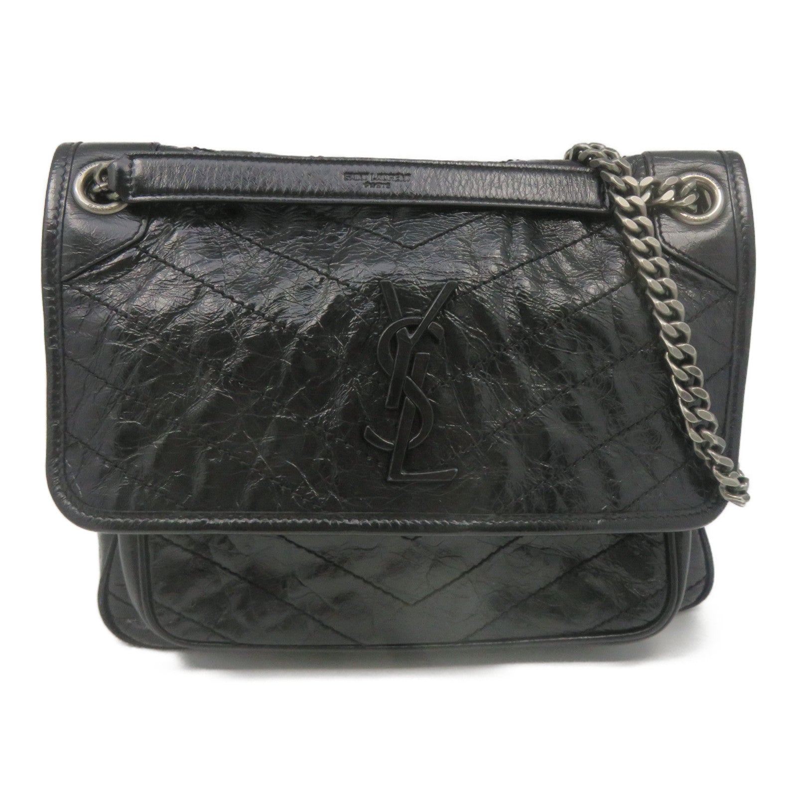 YVES SAINT LAURENT 牛皮皮革Niki Shoulder Bag銀扣鏈帶肩背袋黑色