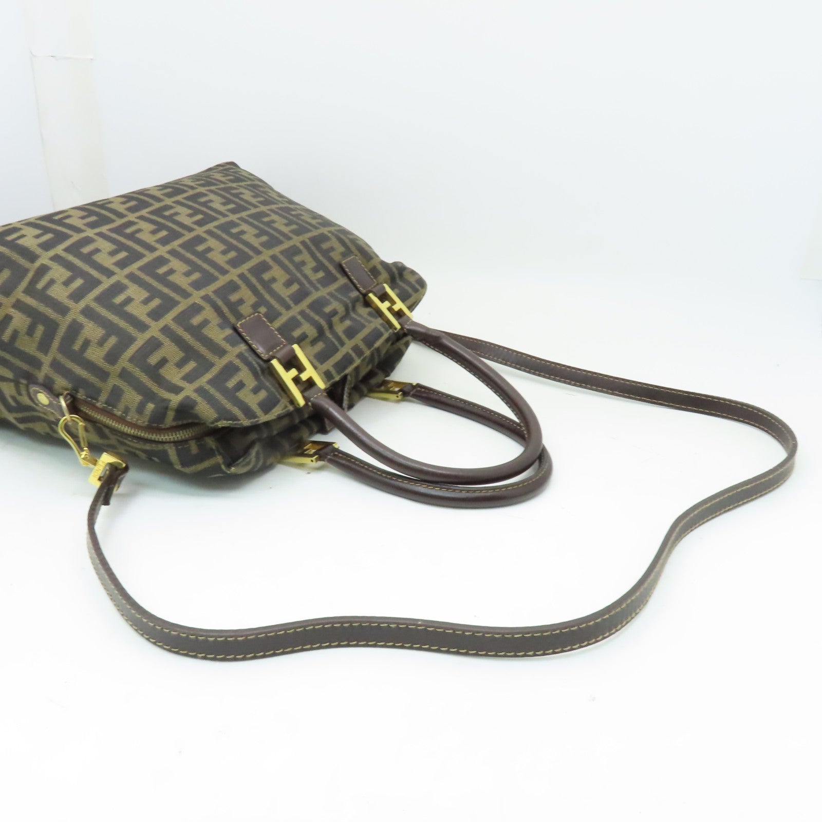 FENDI 帆布Shoulder Bag金扣手挽肩背兩用袋棕色