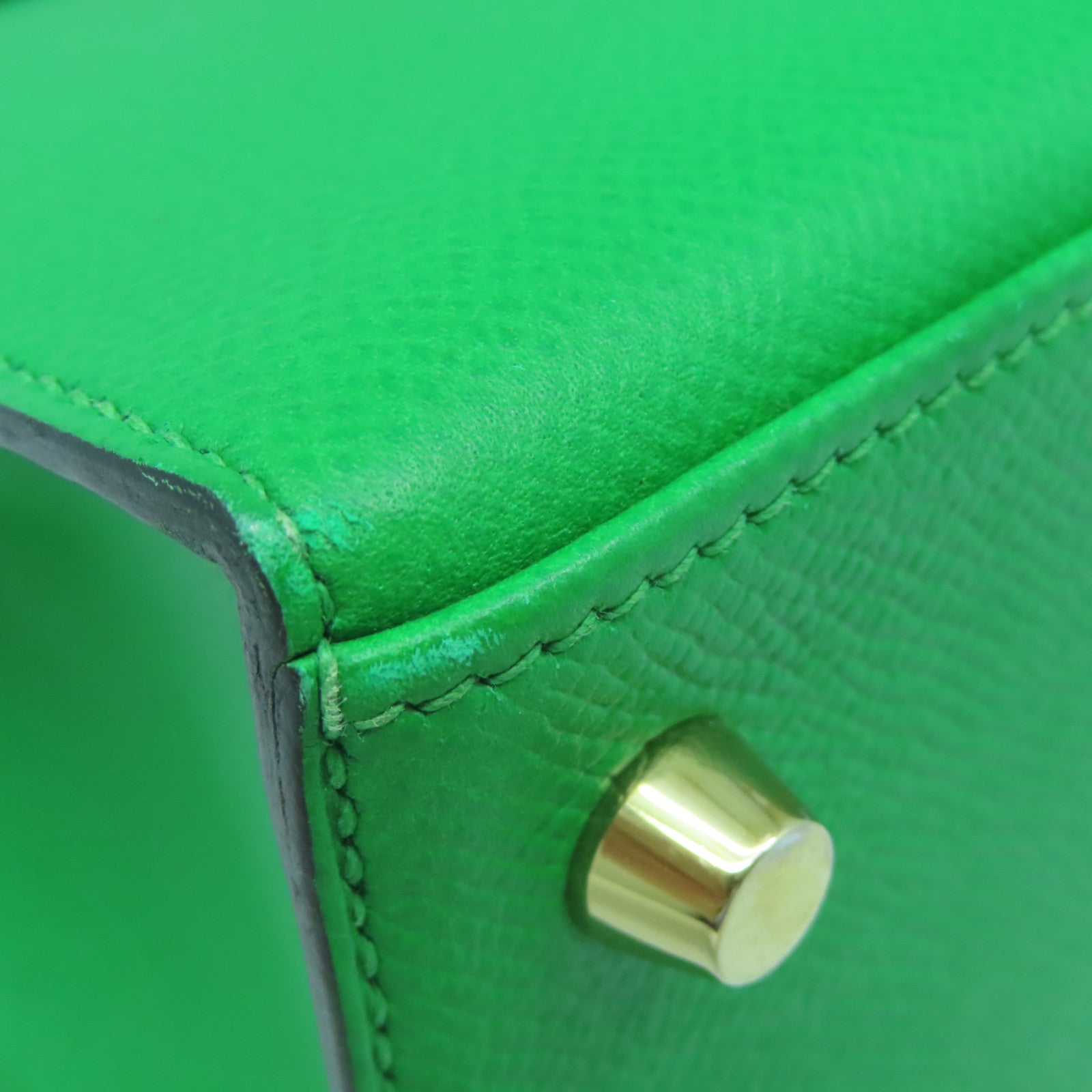 HERMES Epsom Leather Kelly 25 Gold Buckle Handle Shoulder Bag Bamboo Green