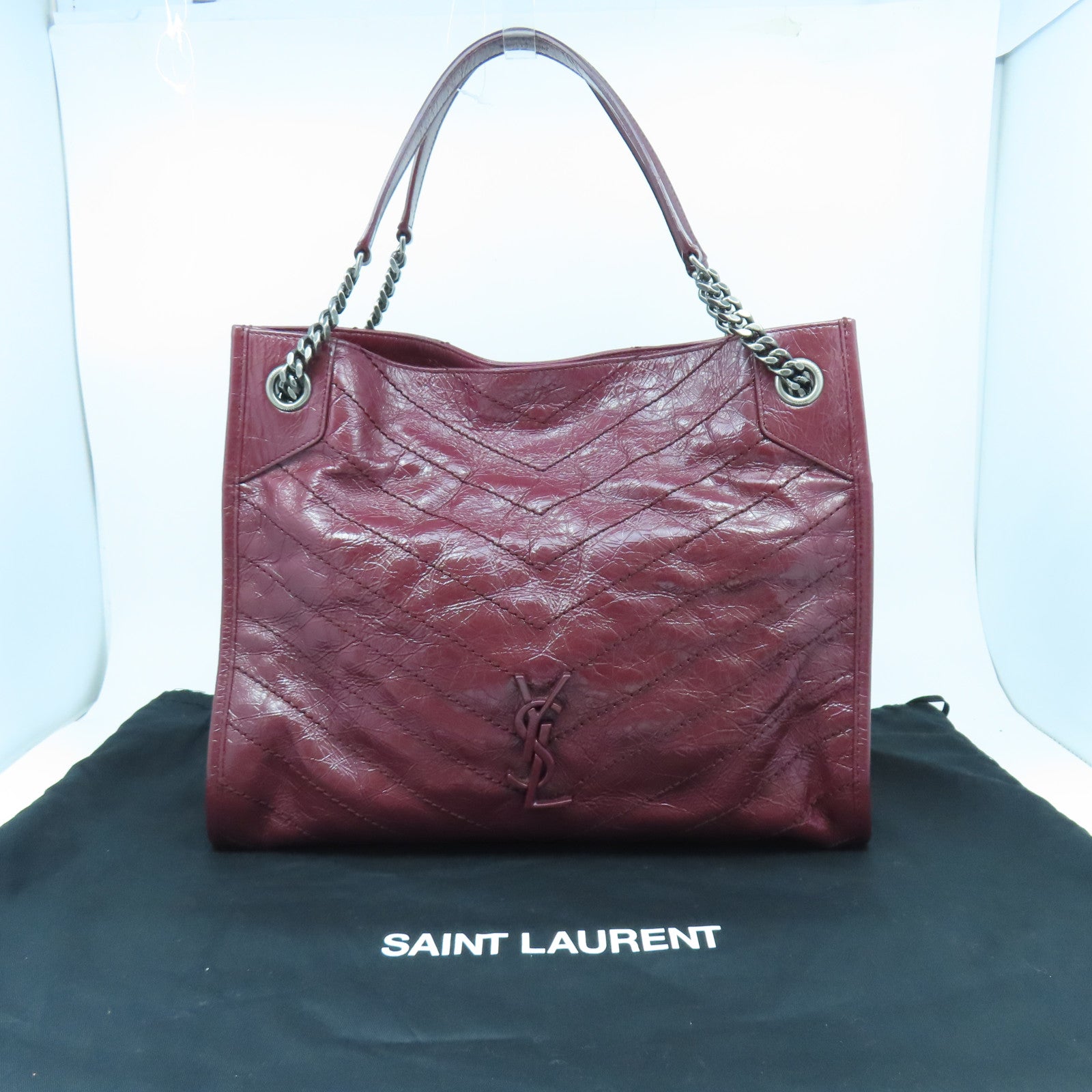 SAINT LAURENT 斜紋牛皮皮革Niki Shopping Medium銀扣鏈帶肩背袋紅色