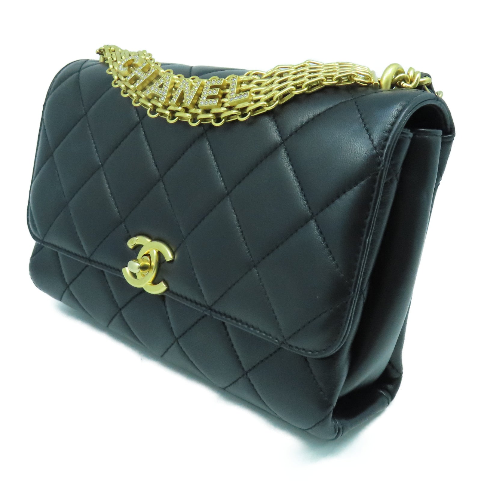 CHANEL 菱格羊皮皮革Shoulder Bag金扣手挽肩背兩用袋黑色