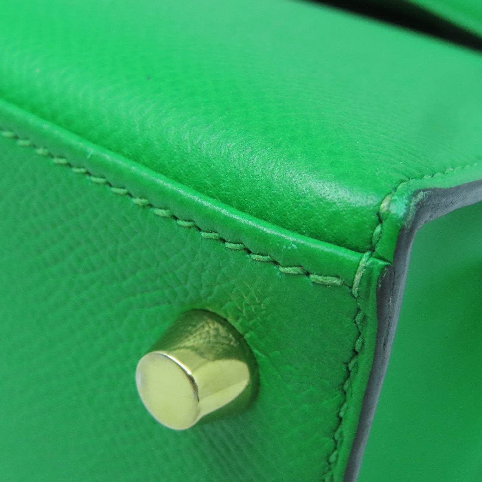 HERMES Epsom Leather Kelly 25 Gold Buckle Handle Shoulder Bag Bamboo Green