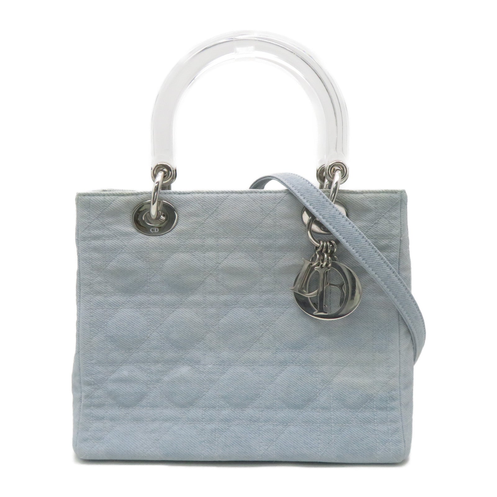 Dior 帆布Lady Dior Shoulder銀扣手挽肩背兩用袋藍色