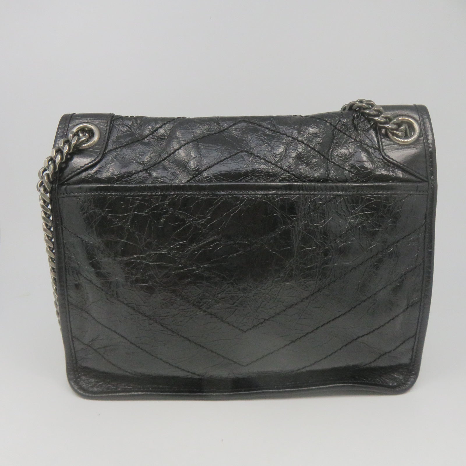 YVES SAINT LAURENT 牛皮皮革Niki Shoulder Bag銀扣鏈帶肩背袋黑色