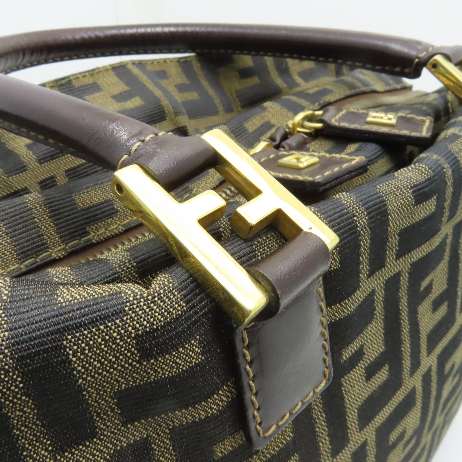 FENDI 帆布Shoulder Bag金扣手挽肩背兩用袋棕色