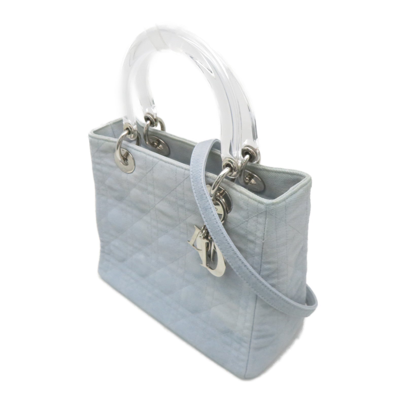 Dior 帆布Lady Dior Shoulder銀扣手挽肩背兩用袋藍色