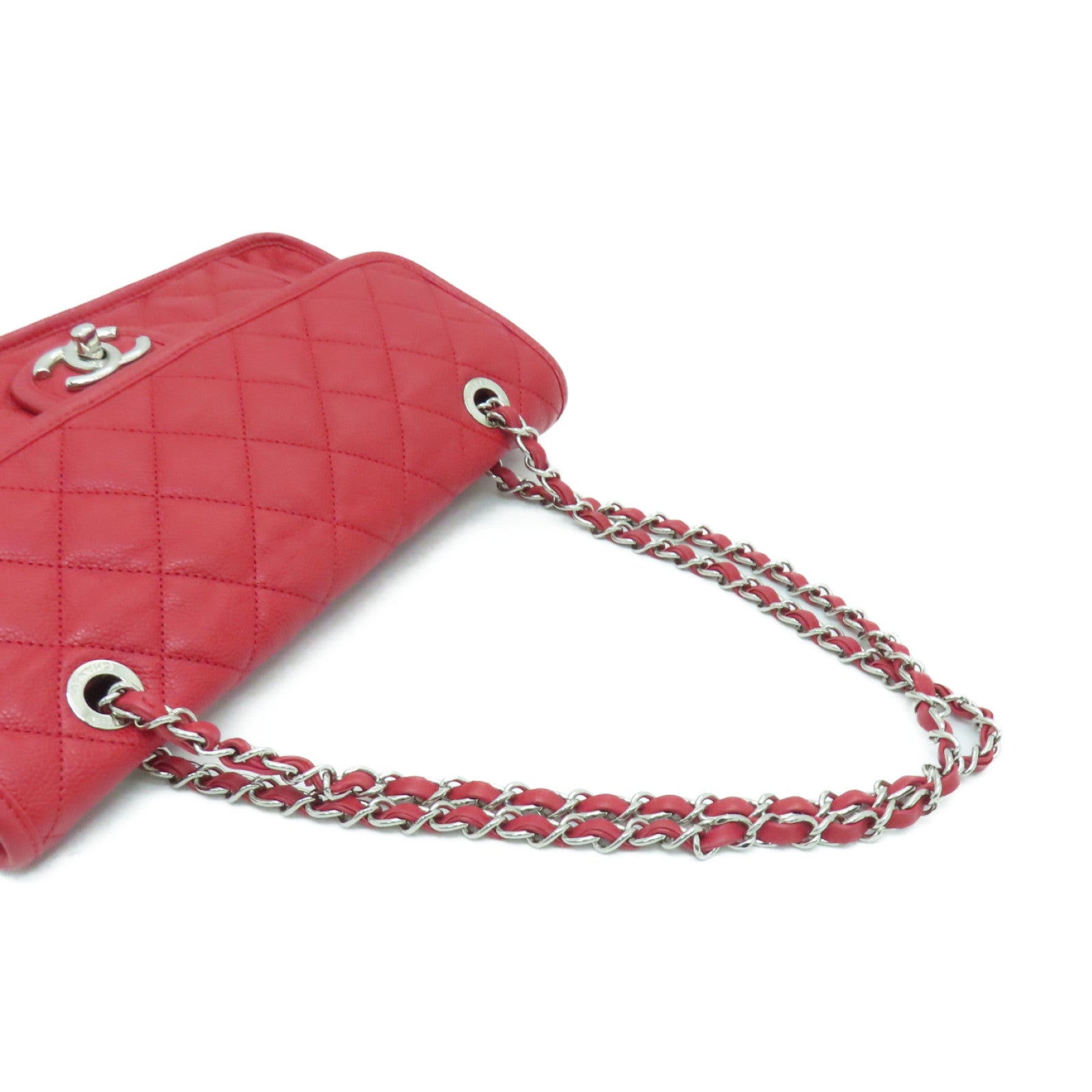 CHANEL 菱格牛皮皮革Chain Shoulder Bag銀扣鏈帶肩背袋紅色