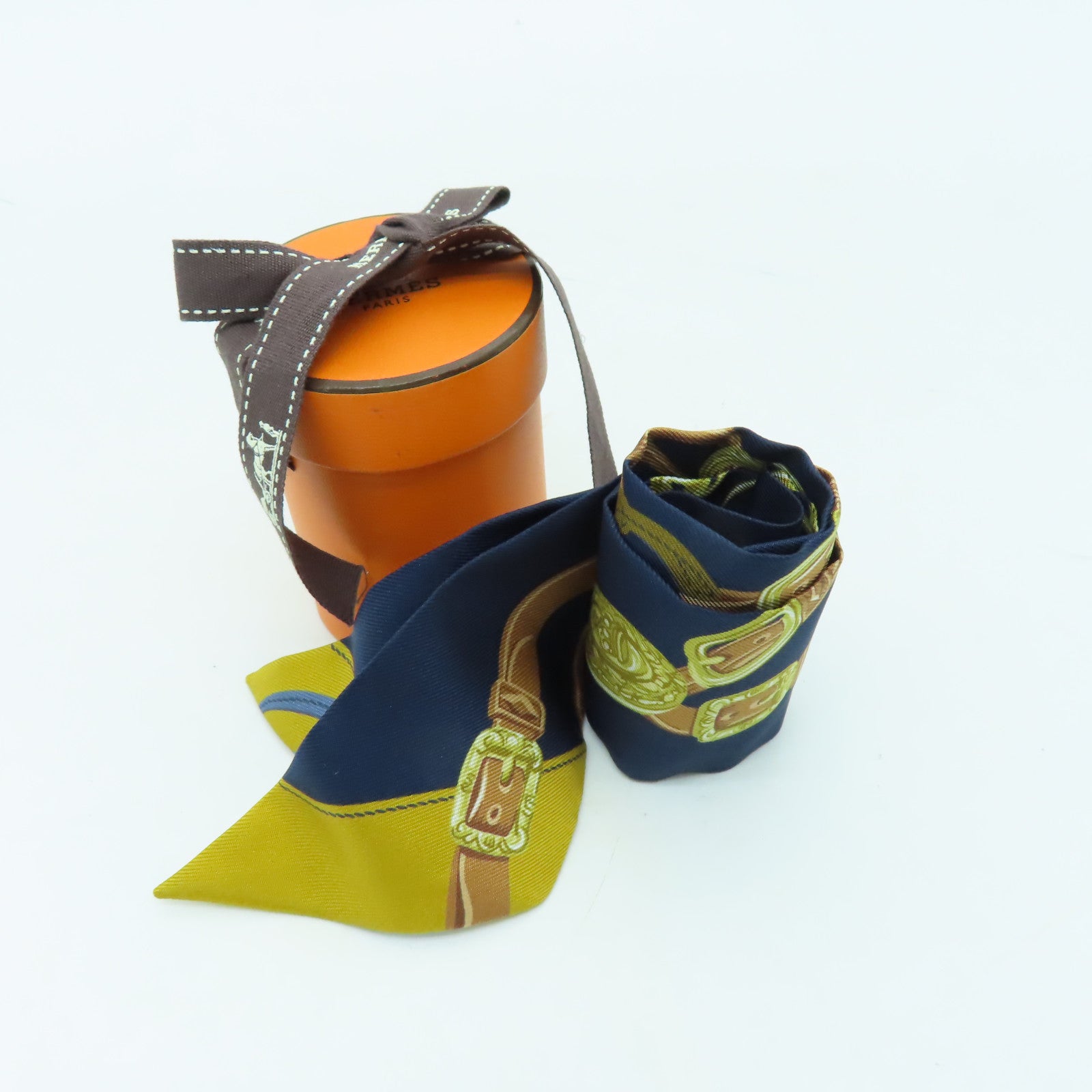 HERMES 【激減優惠】絲質Twilly絲巾深藍色/橙色/金色/啡色