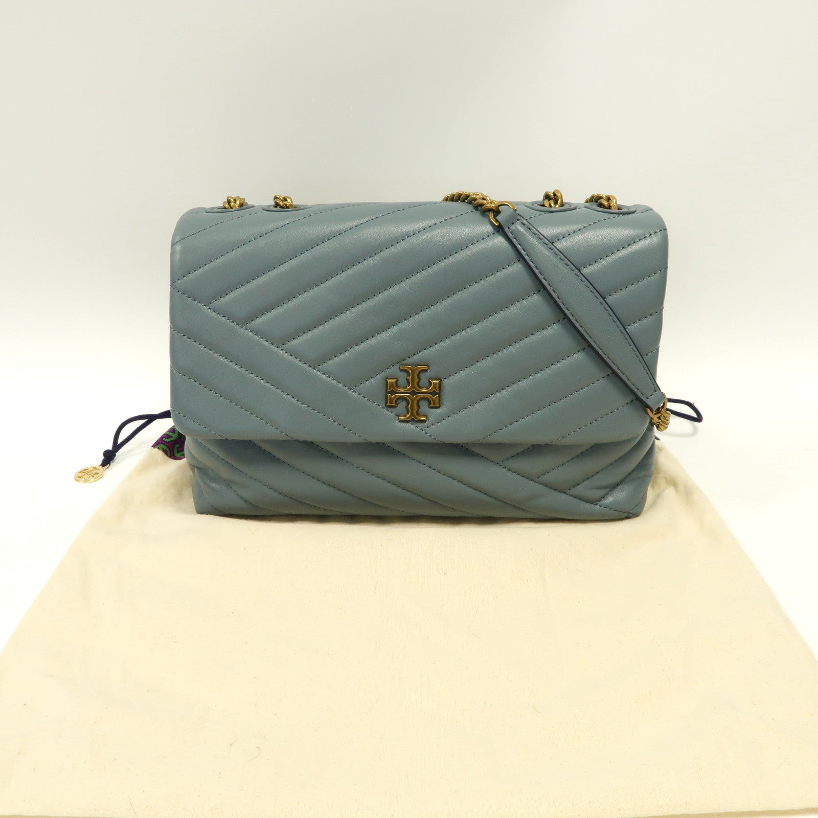 Tory Burch 羊皮皮革Kira Chevron Convertible金扣鏈帶肩背袋藍色
