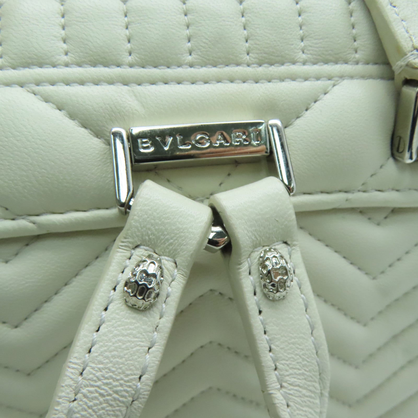 BVLGARI [sharp discount] twill cowhide leather Backpack silver buckle backpack white