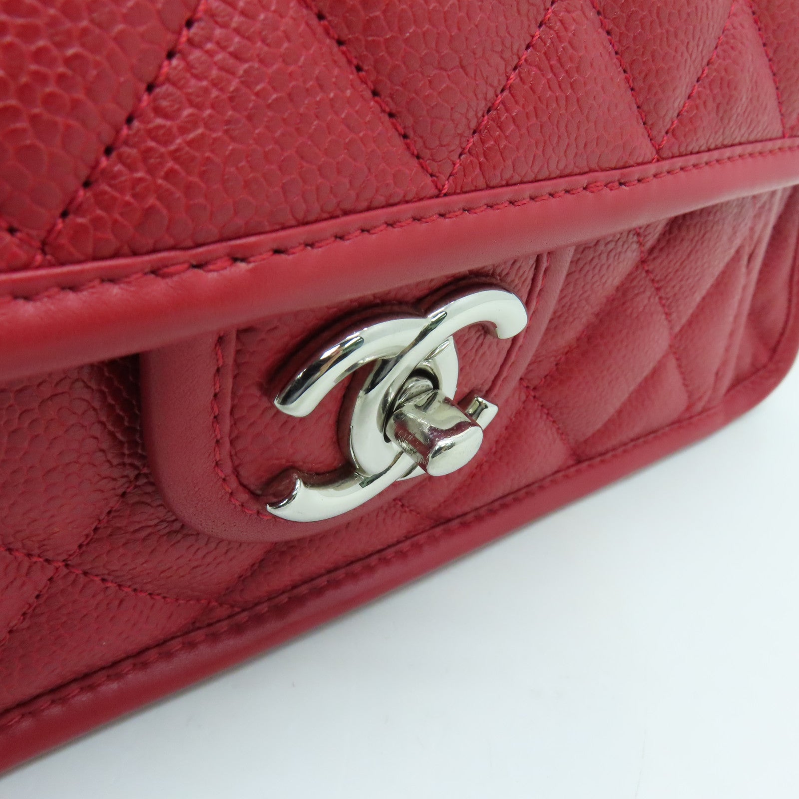 CHANEL 菱格牛皮皮革Chain Shoulder Bag銀扣鏈帶肩背袋紅色