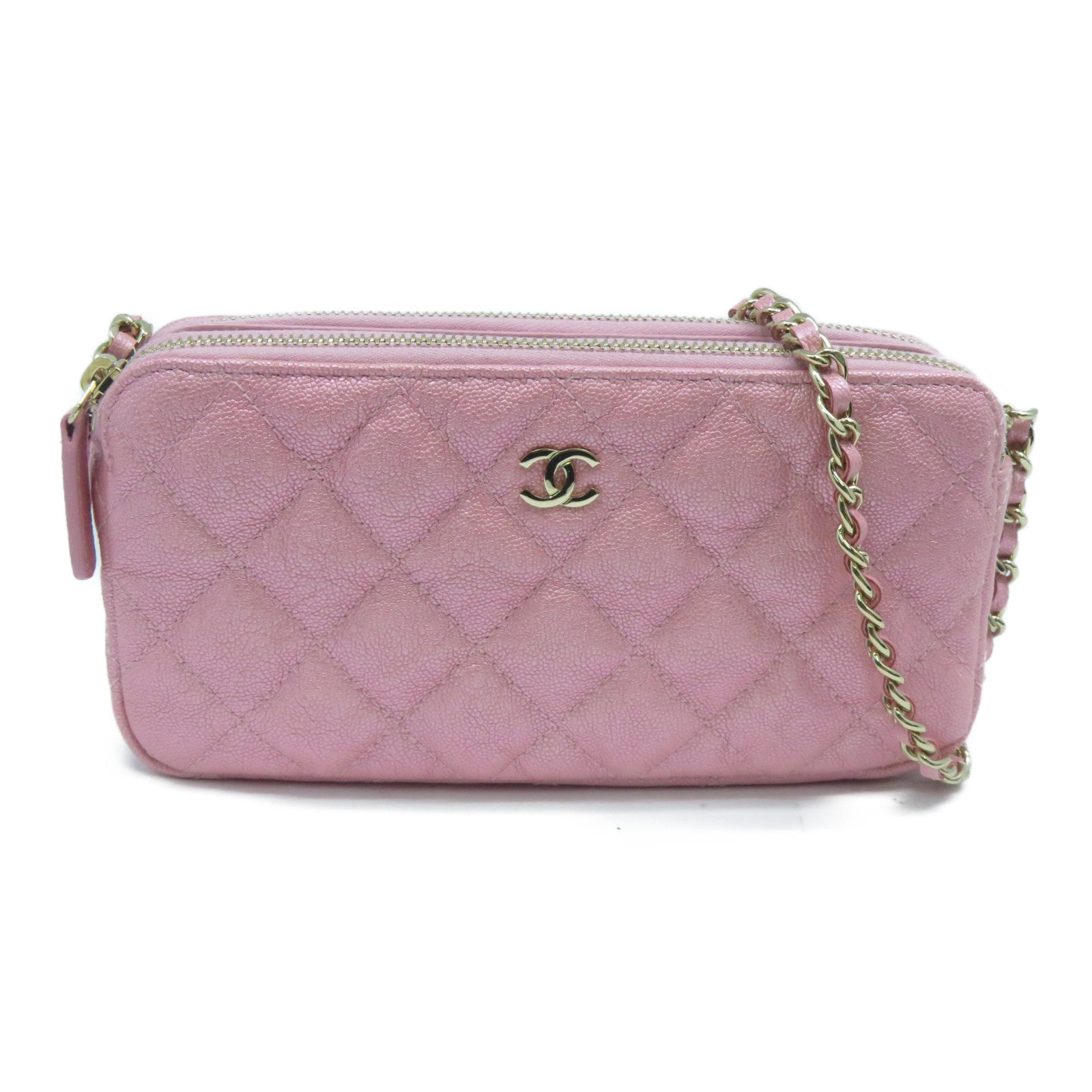 CHANEL 菱格牛皮皮革Clutch With Chain金扣手拿包粉紅色