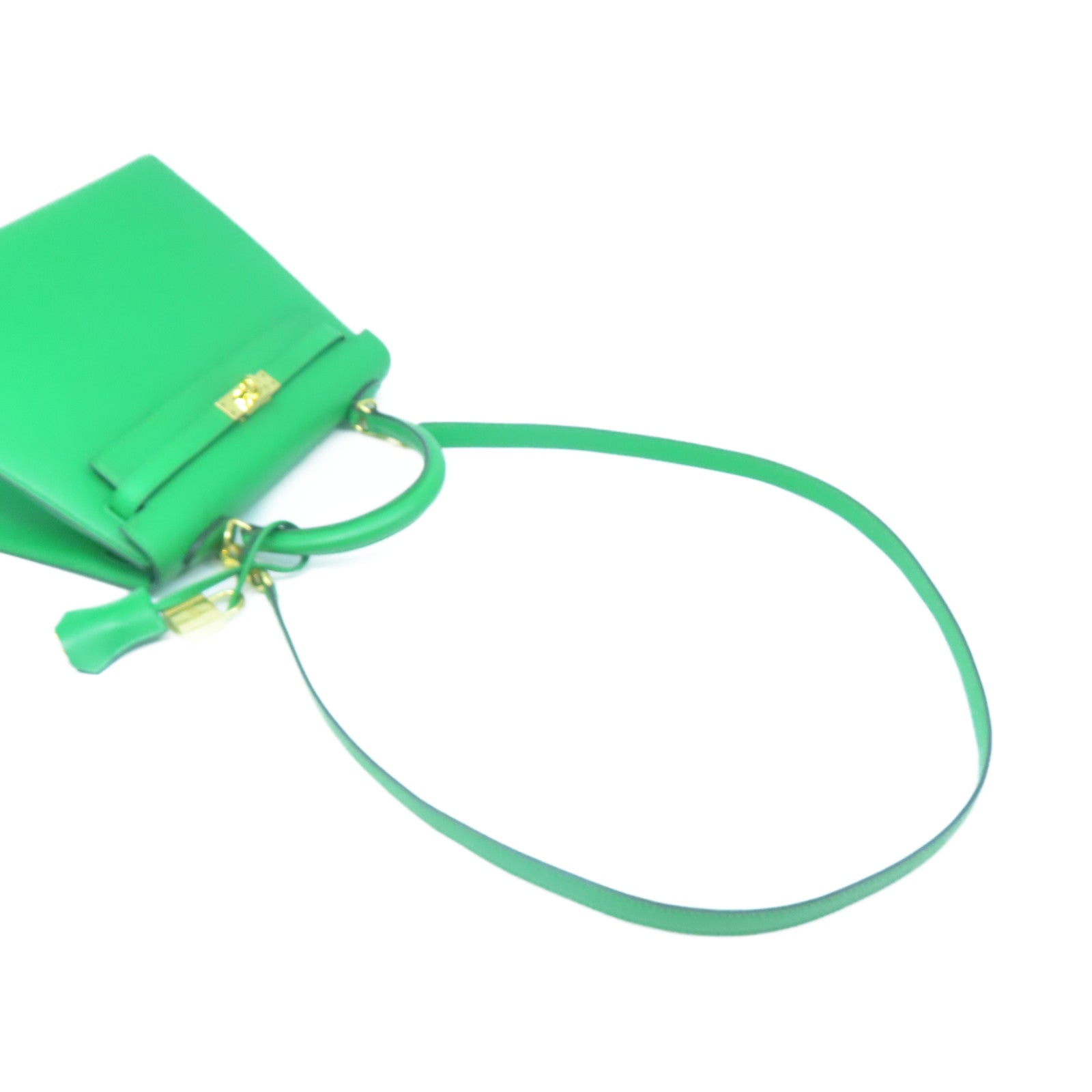 HERMES Epsom Leather Kelly 25 Gold Buckle Handle Shoulder Bag Bamboo Green