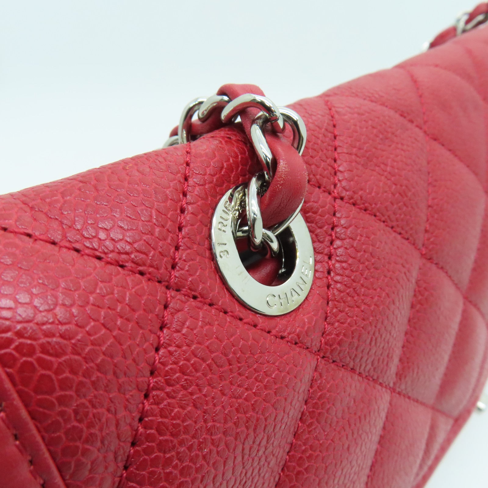CHANEL 菱格牛皮皮革Chain Shoulder Bag銀扣鏈帶肩背袋紅色