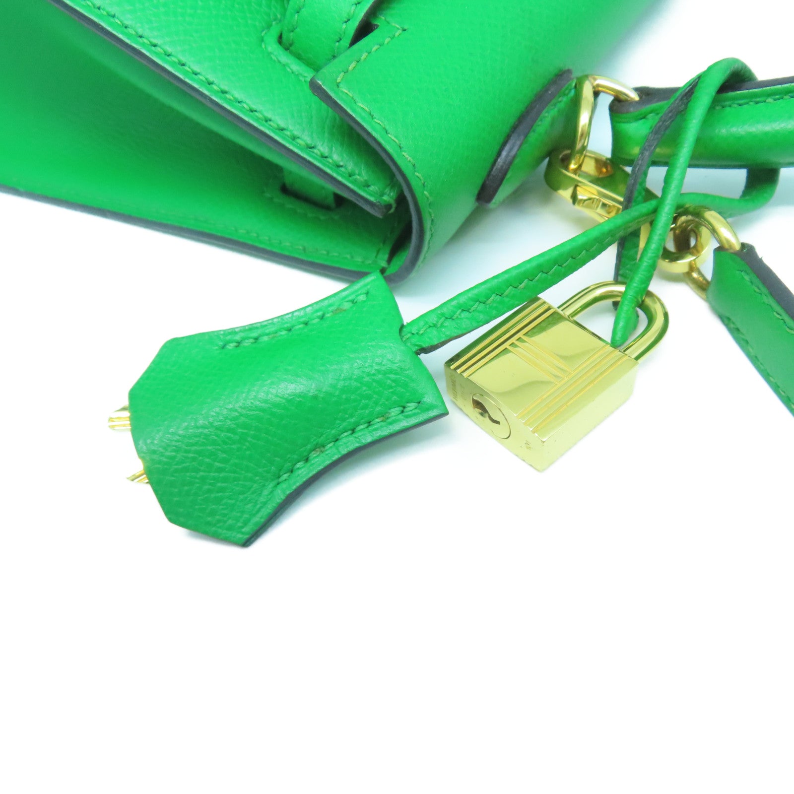 HERMES Epsom Leather Kelly 25 Gold Buckle Handle Shoulder Bag Bamboo Green