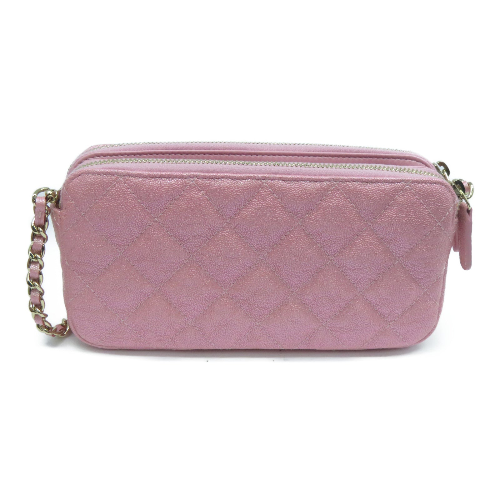 CHANEL 菱格牛皮皮革Clutch With Chain金扣手拿包粉紅色