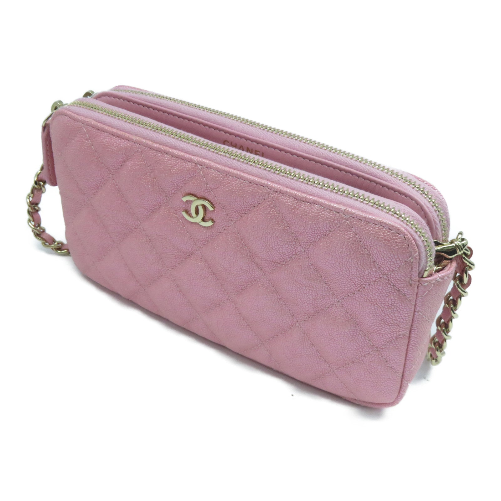 CHANEL 菱格牛皮皮革Clutch With Chain金扣手拿包粉紅色