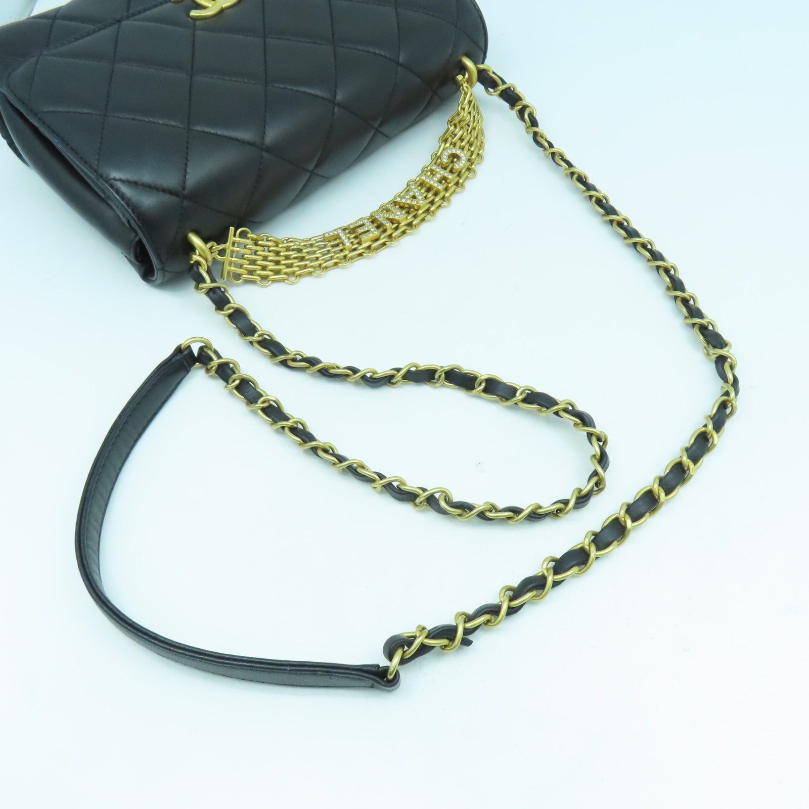CHANEL 菱格羊皮皮革Shoulder Bag金扣手挽肩背兩用袋黑色