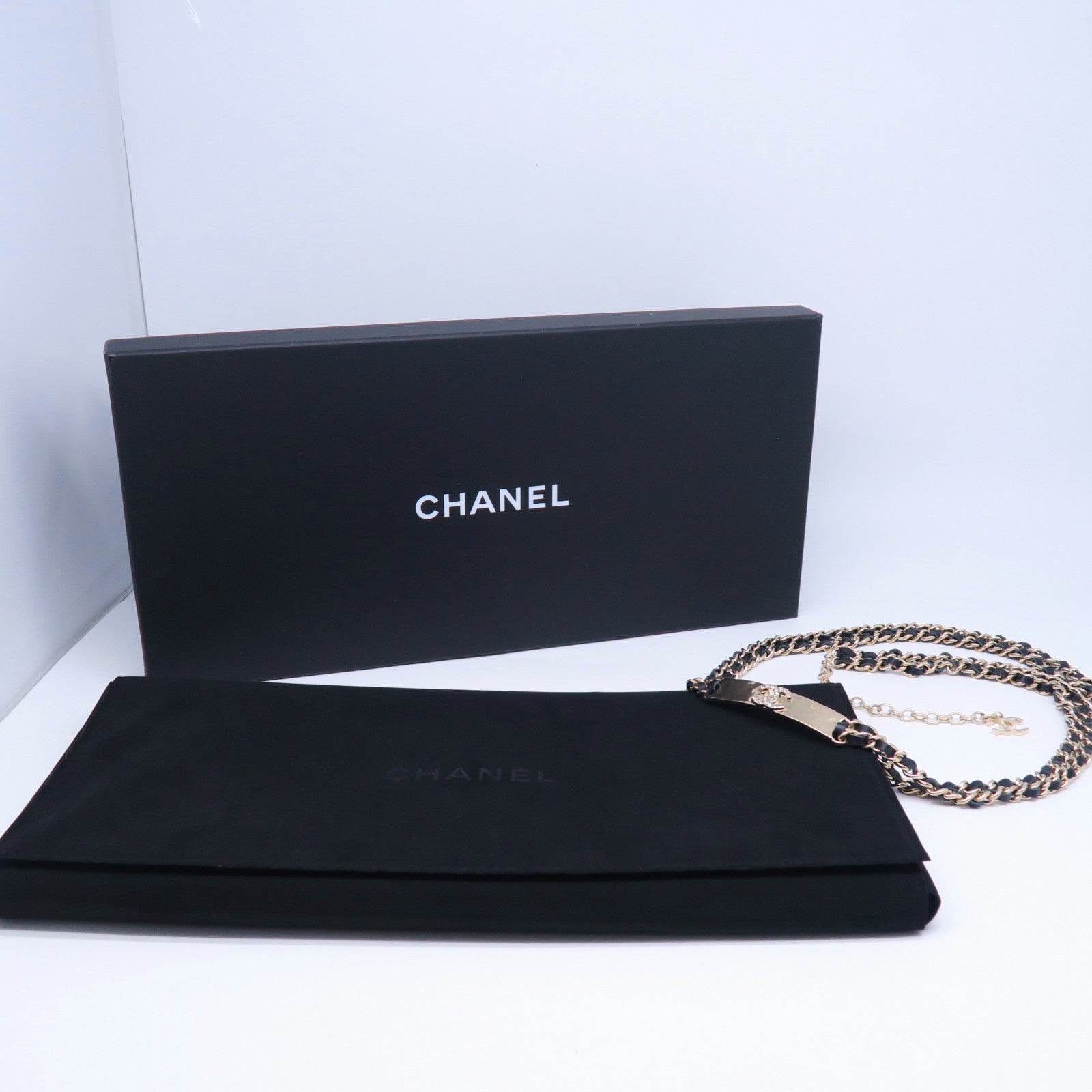 CHANEL 【激減優惠】金屬/皮革Chain Belt金扣皮帶黑色/金色