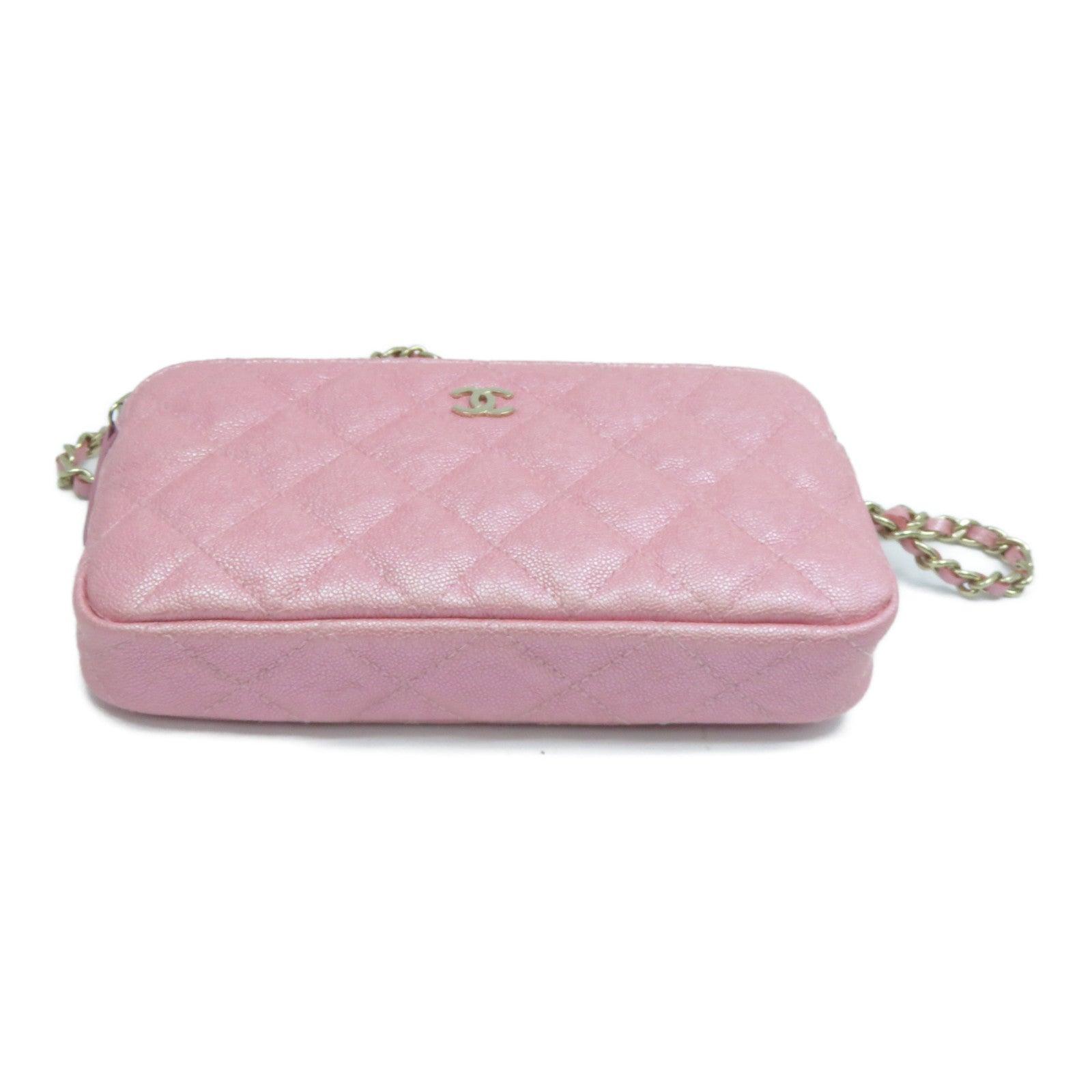 CHANEL 菱格牛皮皮革Clutch With Chain金扣手拿包粉紅色