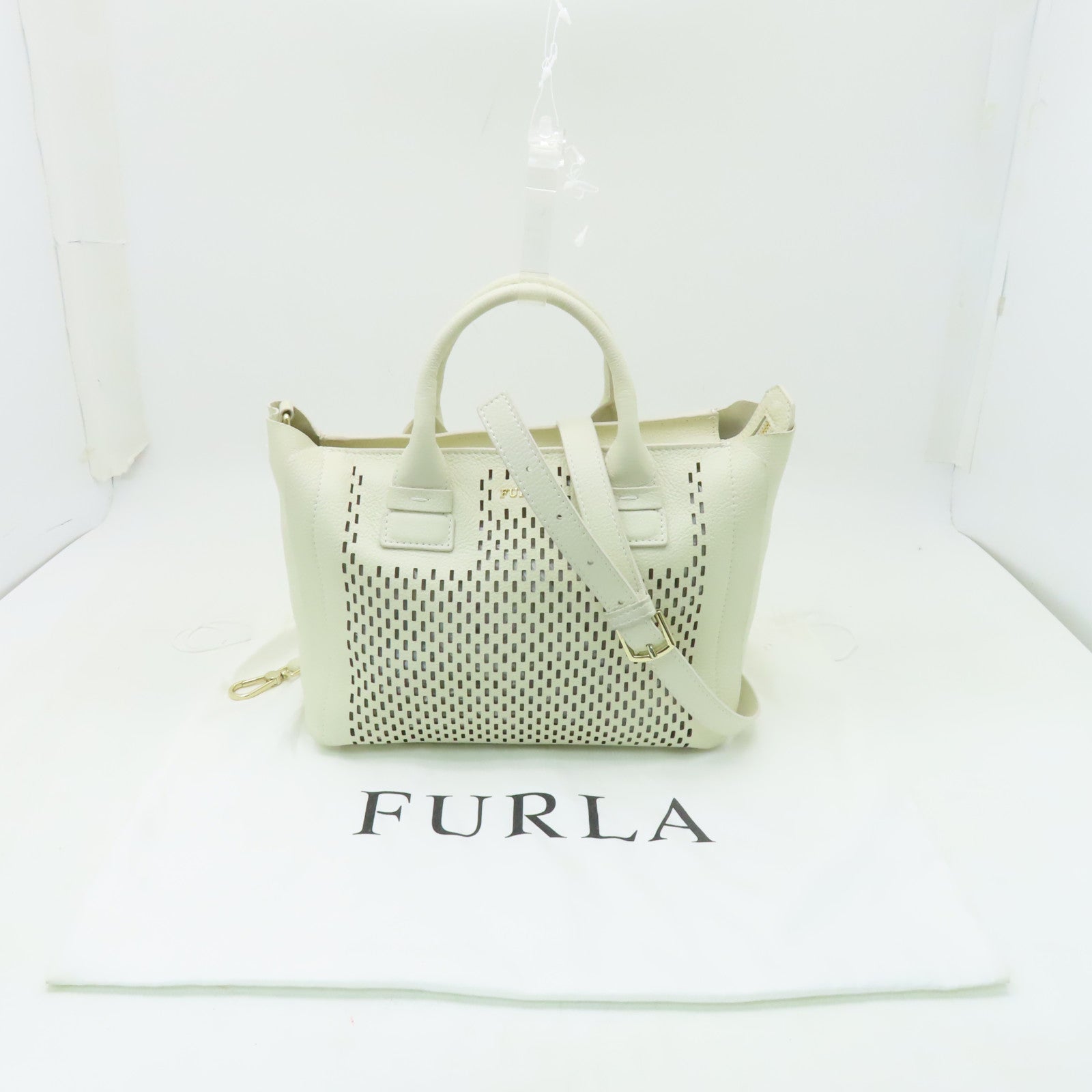 Furla 牛皮皮革Shoulder Bag金扣手挽肩背兩用袋白色