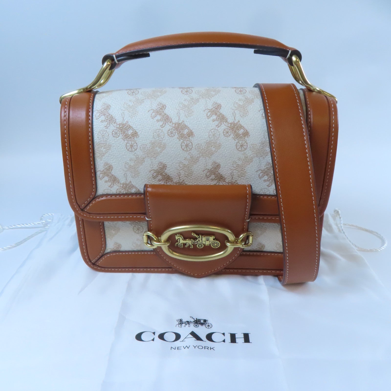 COACH 塗層帆布2 Way Bag金扣手挽肩背兩用袋啡色/白色