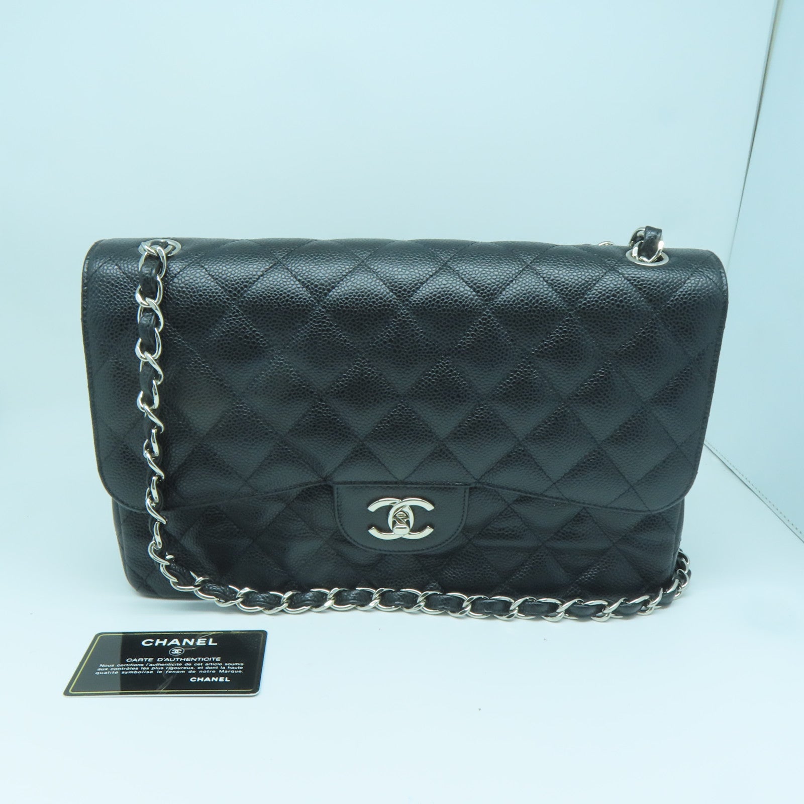 CHANEL Rhombus Caviar Leather Chain Shoulder Silver Buckle Chain Belt Shoulder Bag Black