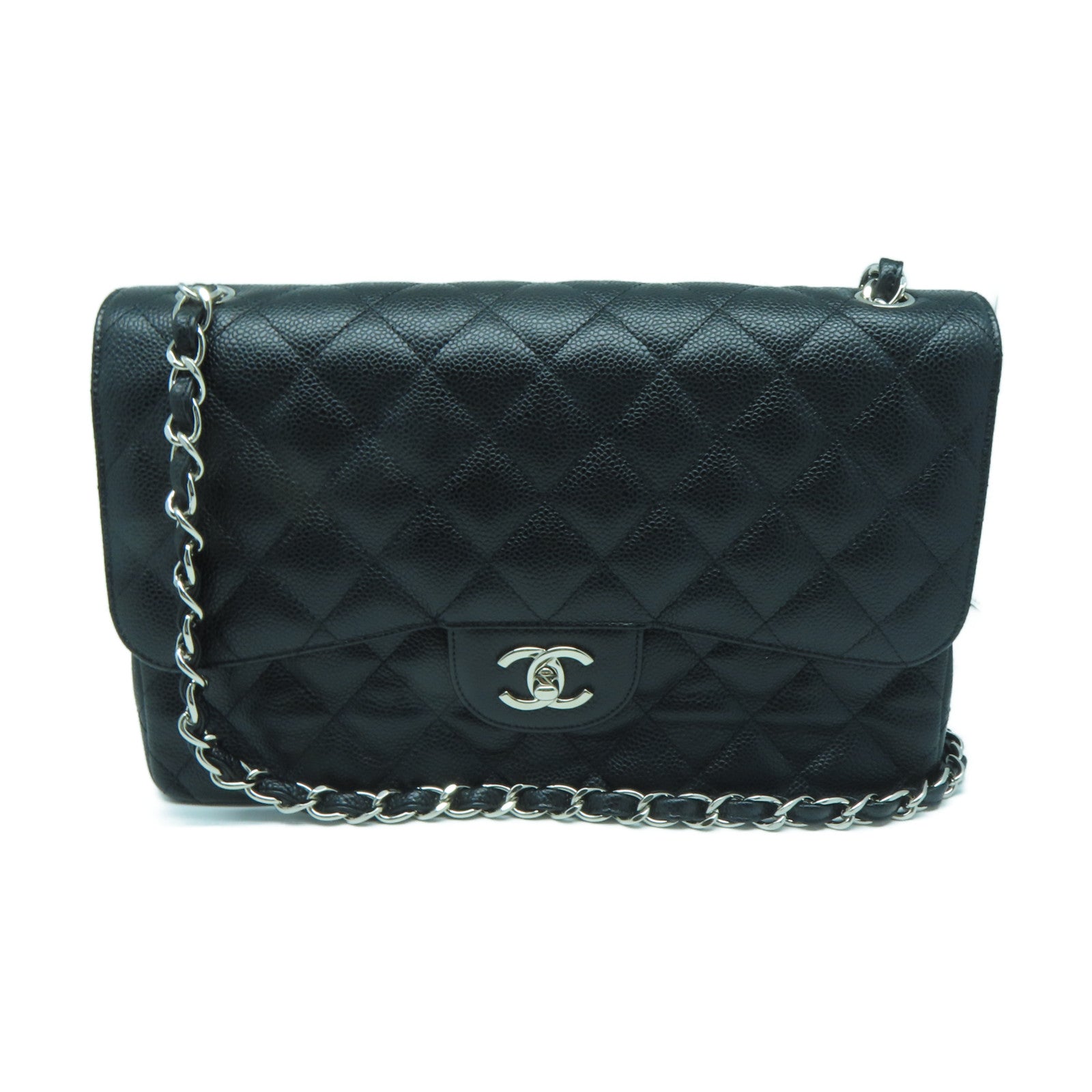 CHANEL Rhombus Caviar Leather Chain Shoulder Silver Buckle Chain Belt Shoulder Bag Black