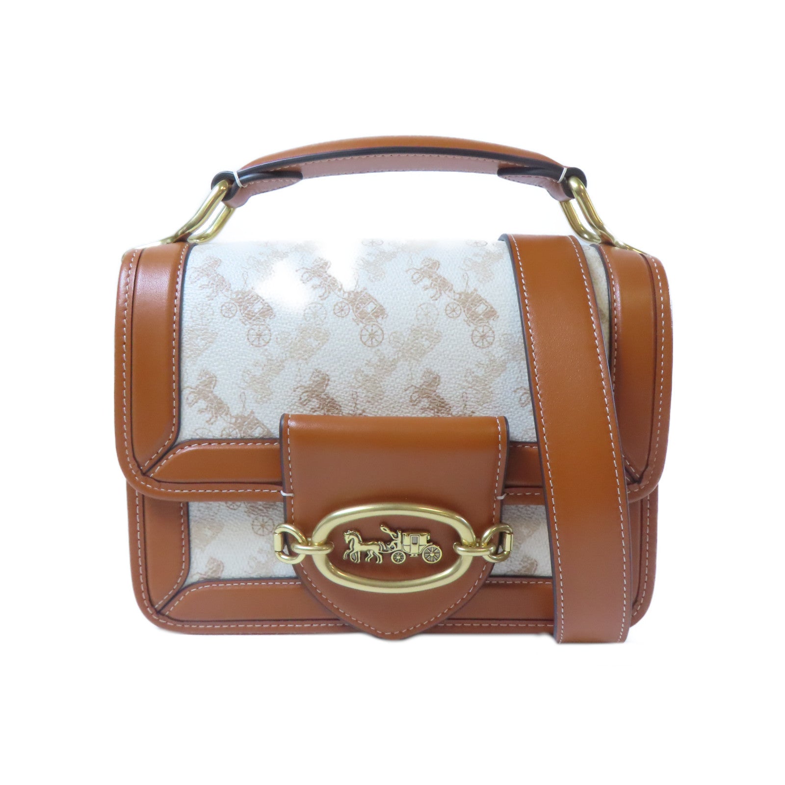 COACH 塗層帆布2 Way Bag金扣手挽肩背兩用袋啡色/白色