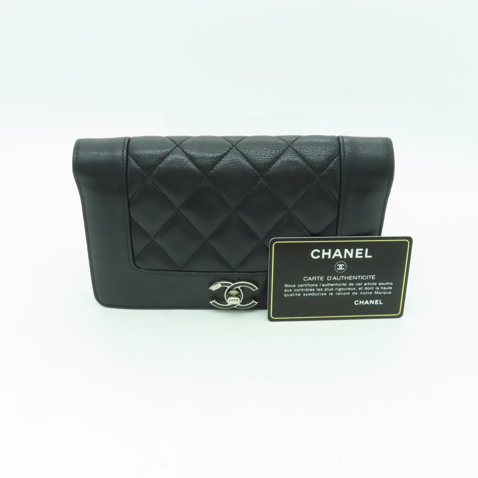 CHANEL 菱格牛皮皮革Long Wallet銀/黑扣長錢包黑色