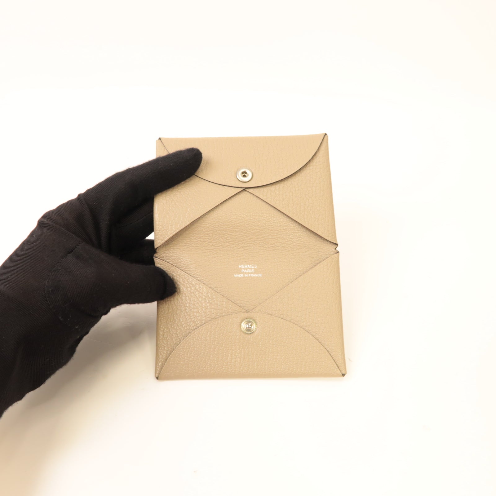 HERMES Chevre皮革Calvi Card Case銀扣卡片套灰色