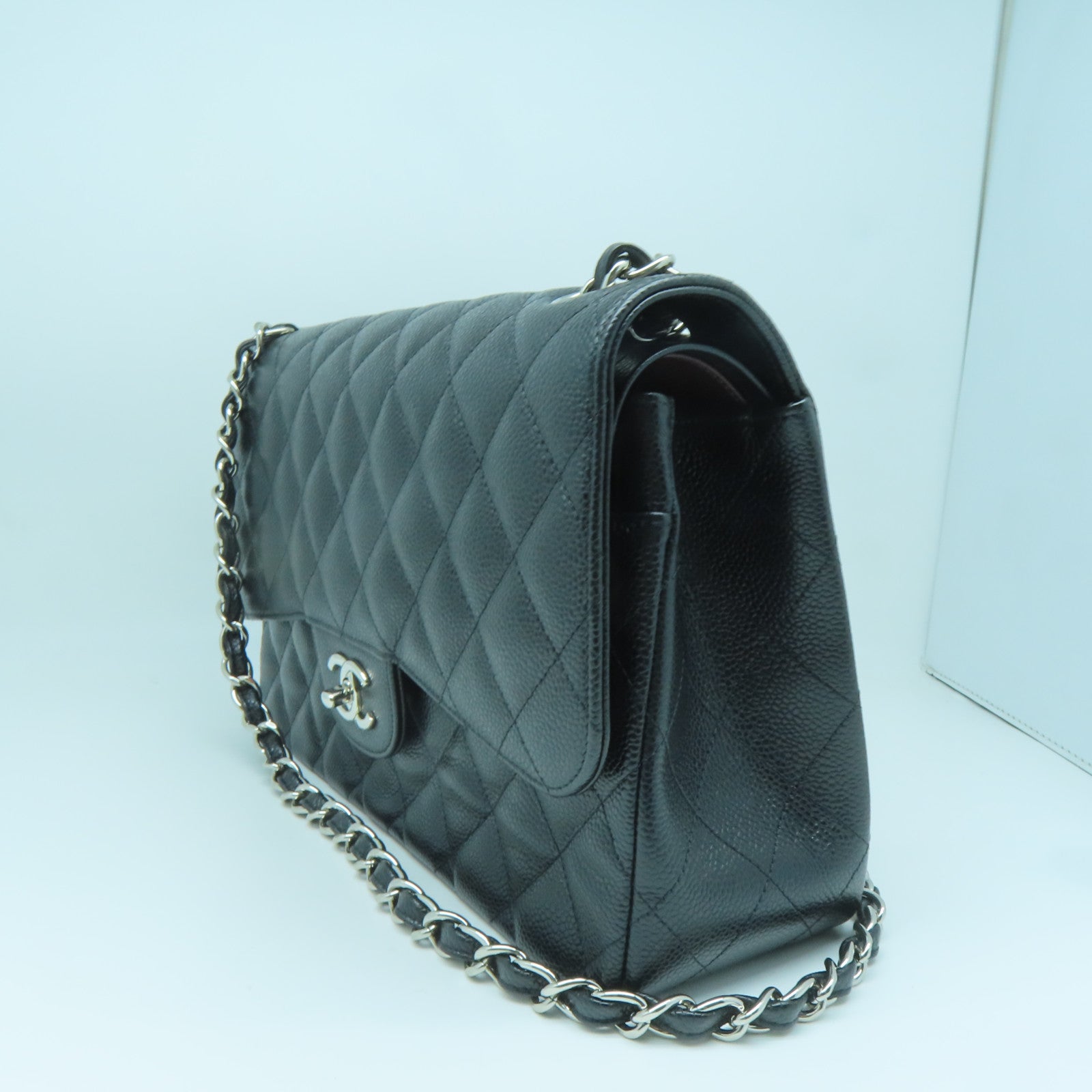 CHANEL Rhombus Caviar Leather Chain Shoulder Silver Buckle Chain Belt Shoulder Bag Black
