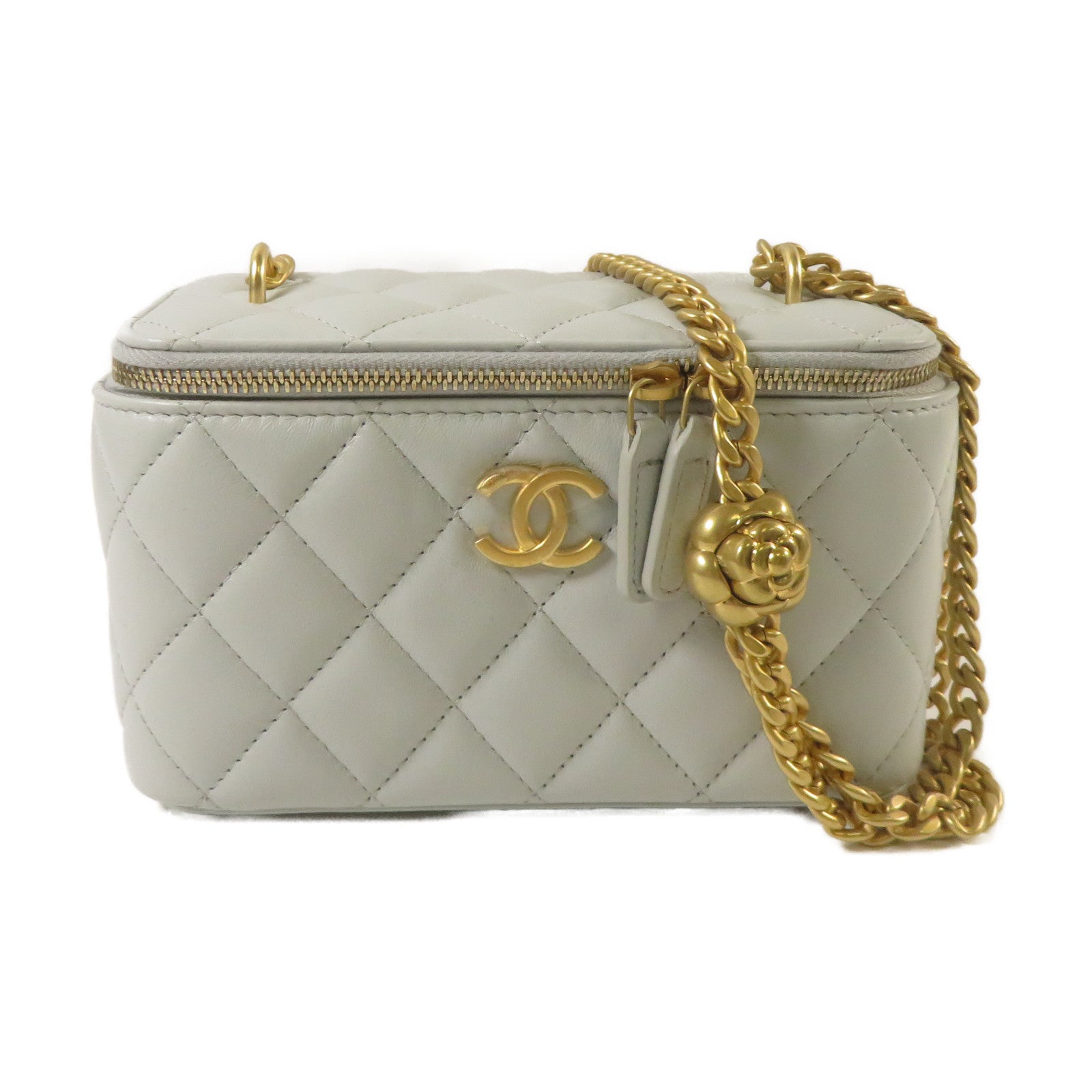CHANEL 菱格羊皮皮革Vanity Case金扣鏈帶肩背袋淺藍色