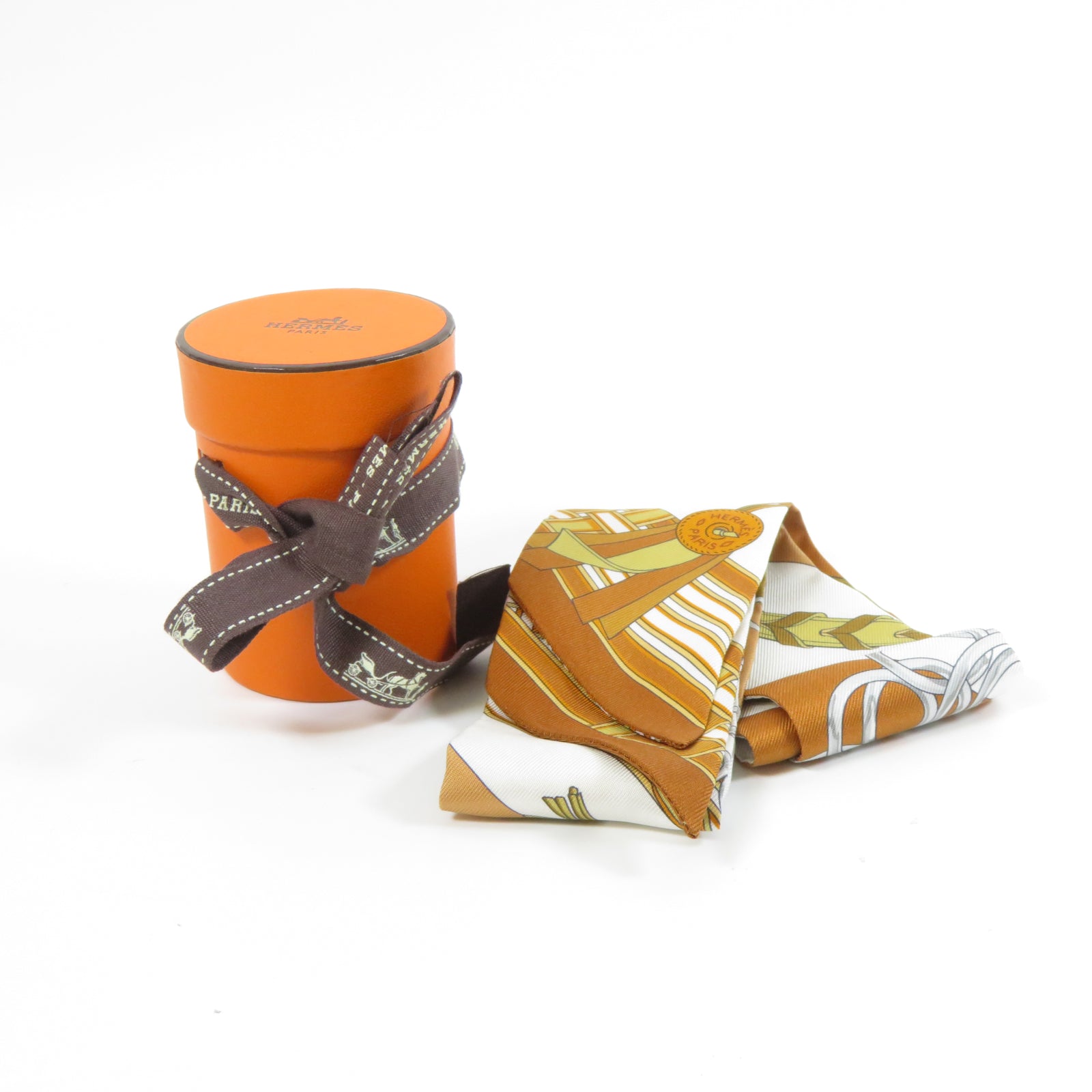 HERMES 絲質Twilly絲巾Gold經典駝色/白色