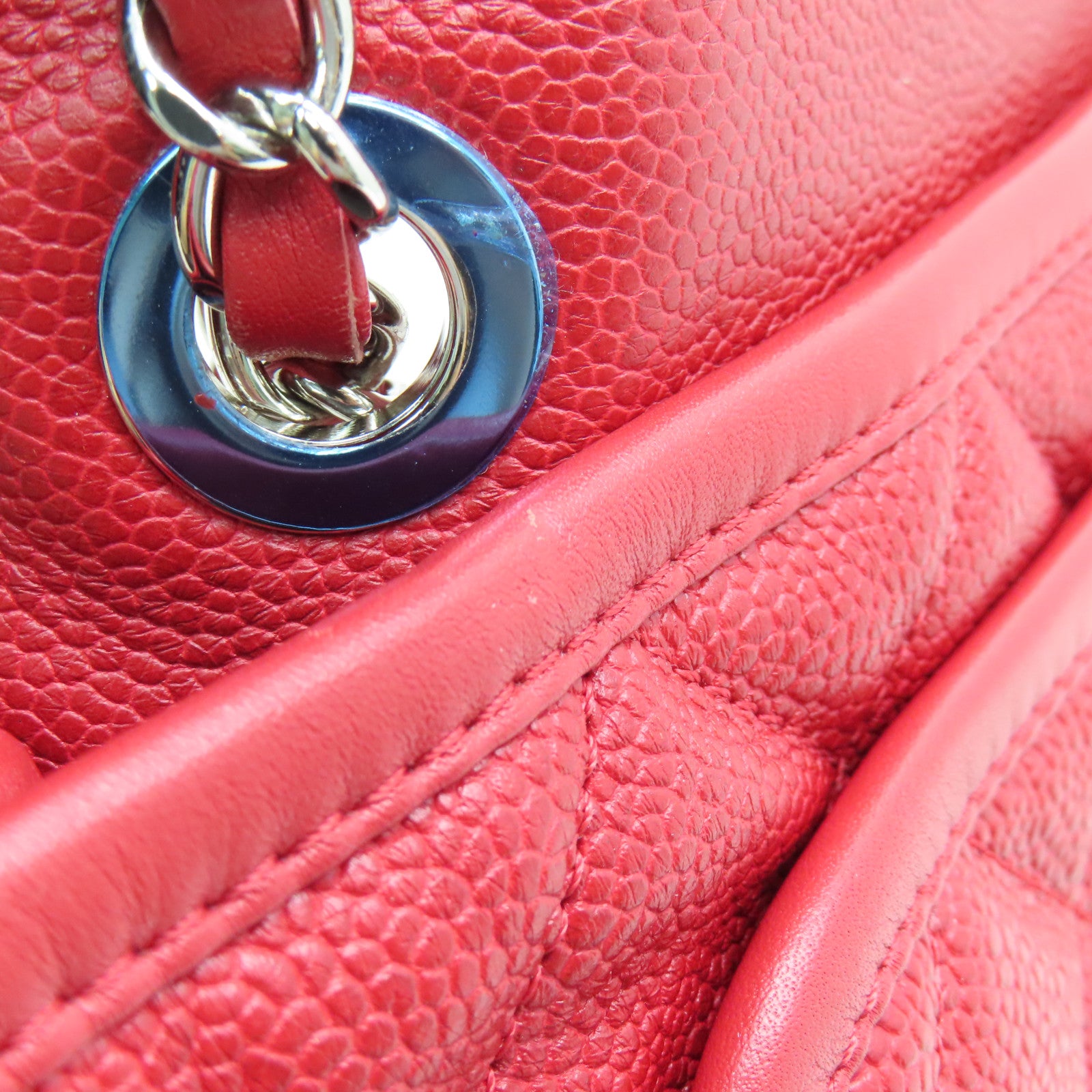 CHANEL 菱格牛皮皮革Chain Shoulder Bag銀扣鏈帶肩背袋紅色