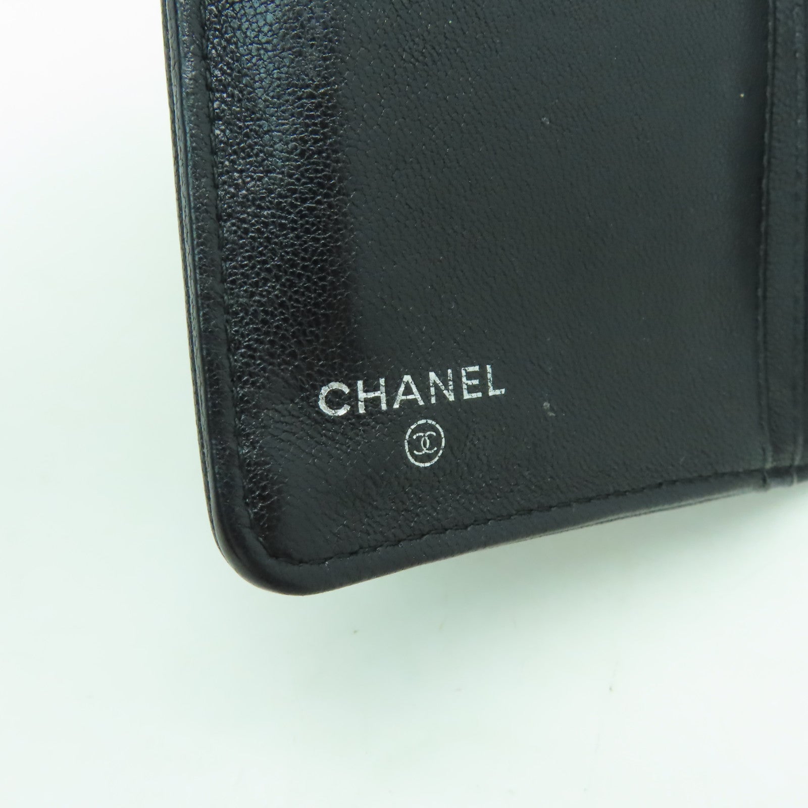 CHANEL 菱格牛皮皮革Long Wallet銀/黑扣長錢包黑色