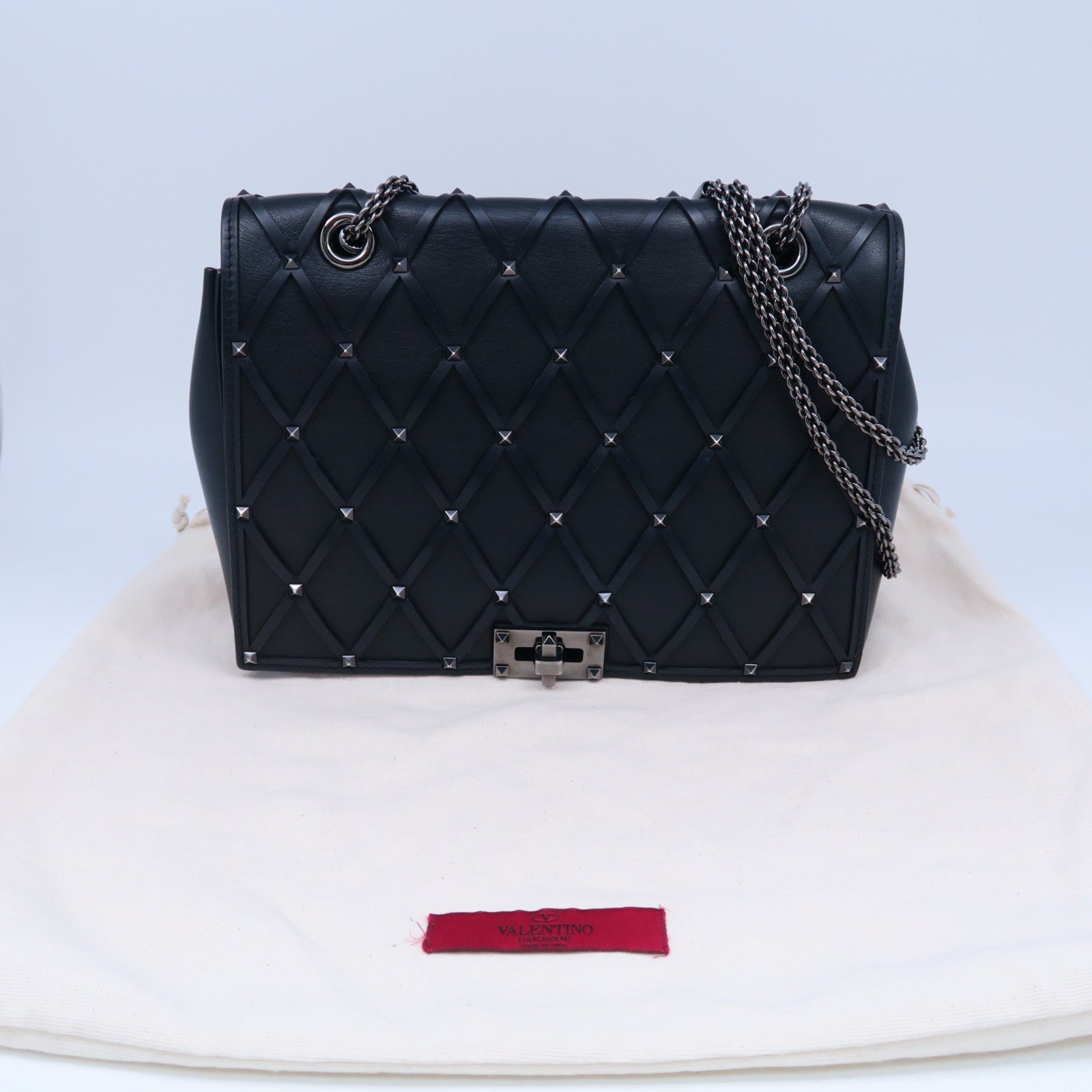 Valentino 牛皮皮革Chain Shoulder Bag銀扣鏈帶肩背袋黑色