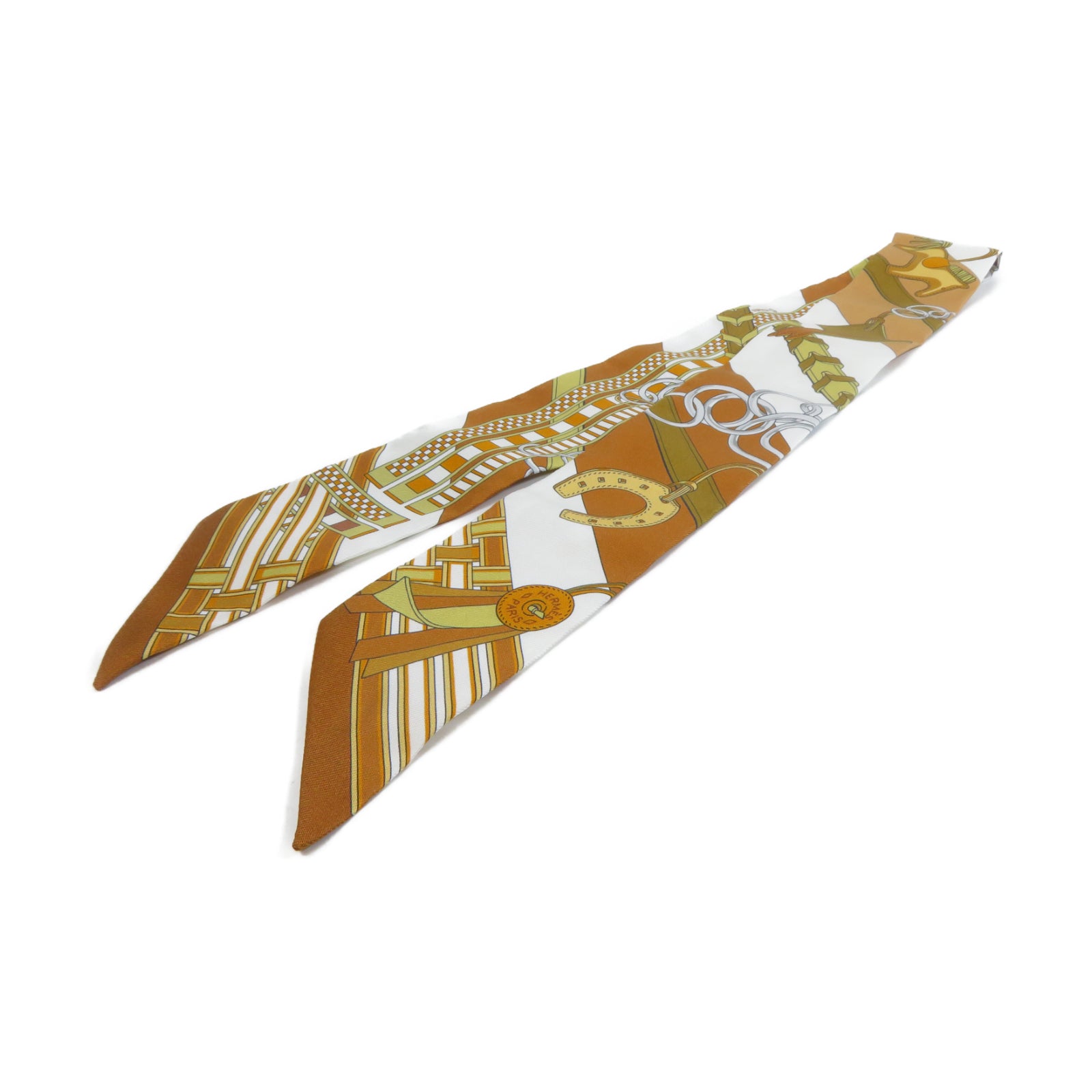 HERMES 絲質Twilly絲巾Gold經典駝色/白色