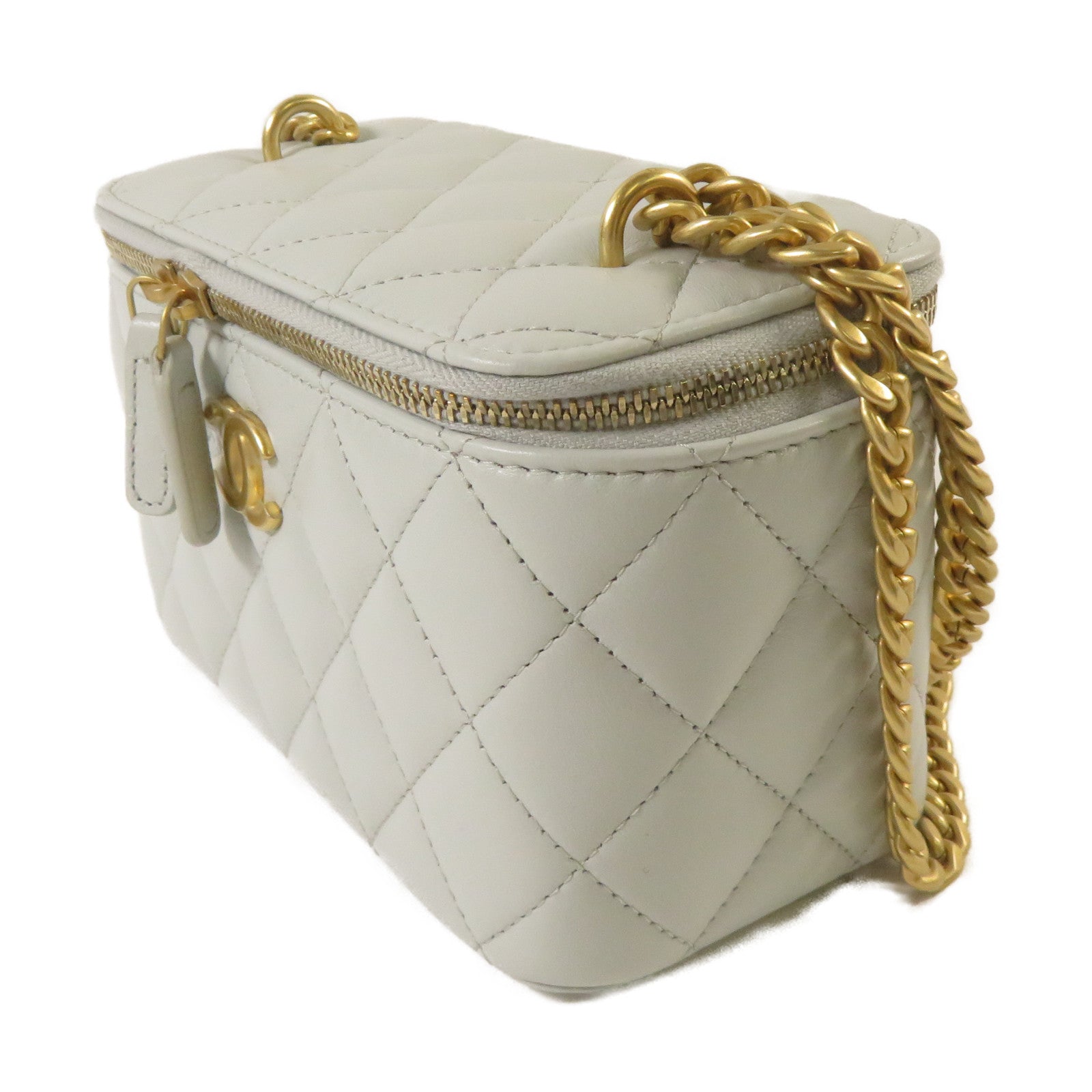 CHANEL 菱格羊皮皮革Vanity Case金扣鏈帶肩背袋淺藍色