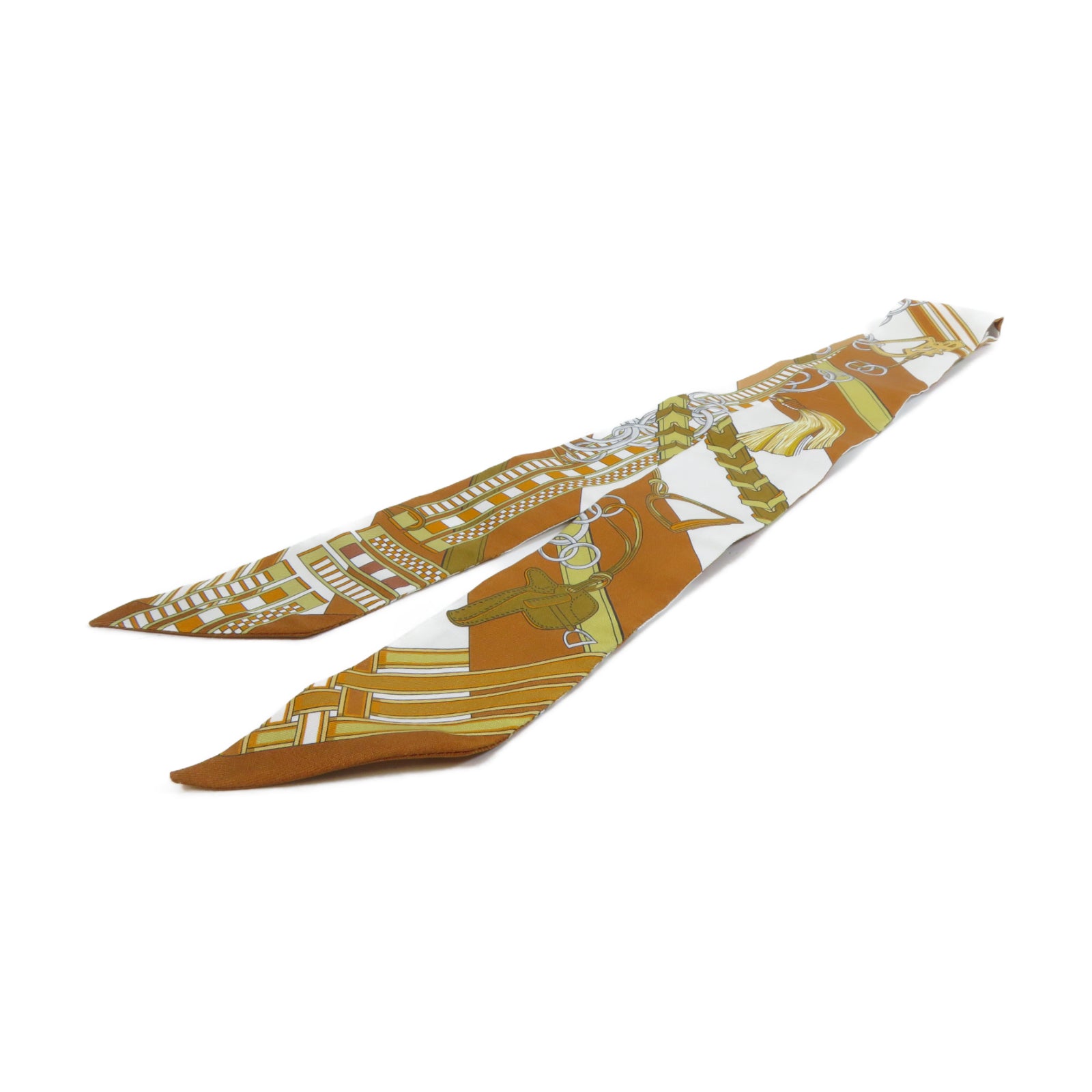 HERMES 絲質Twilly絲巾Gold經典駝色/白色
