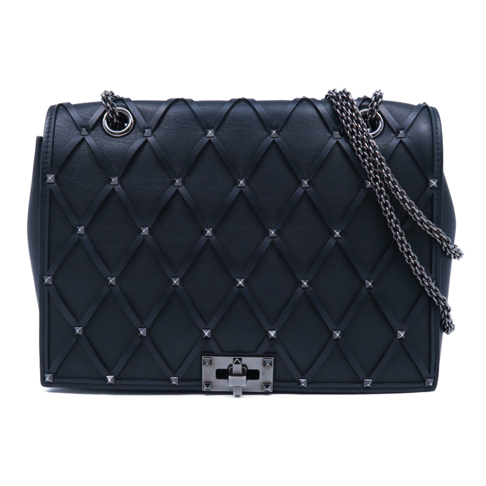 Valentino 牛皮皮革Chain Shoulder Bag銀扣鏈帶肩背袋黑色