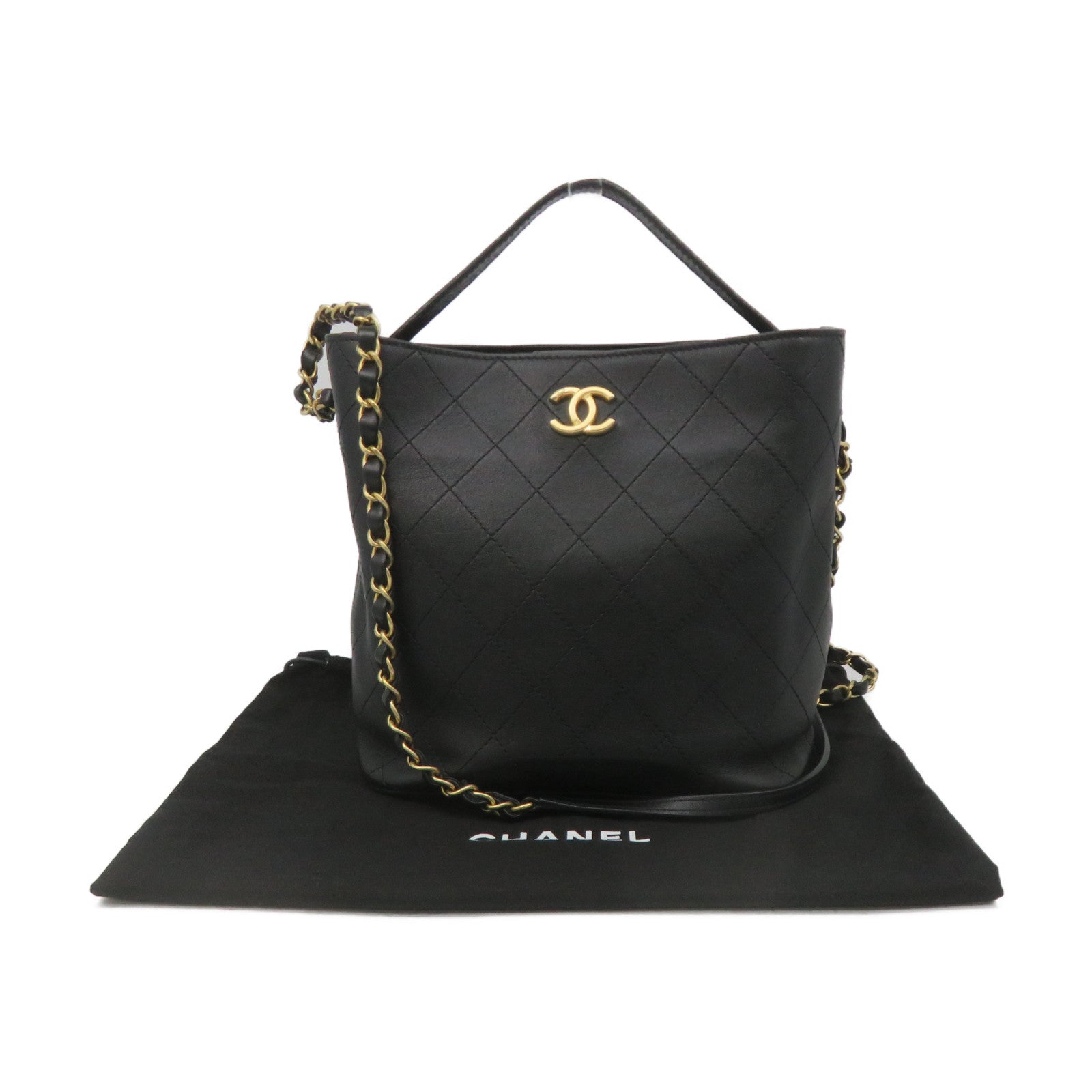 CHANEL Lingge cowhide leather Bucket Bag gold buckle chain belt handle shoulder bag black