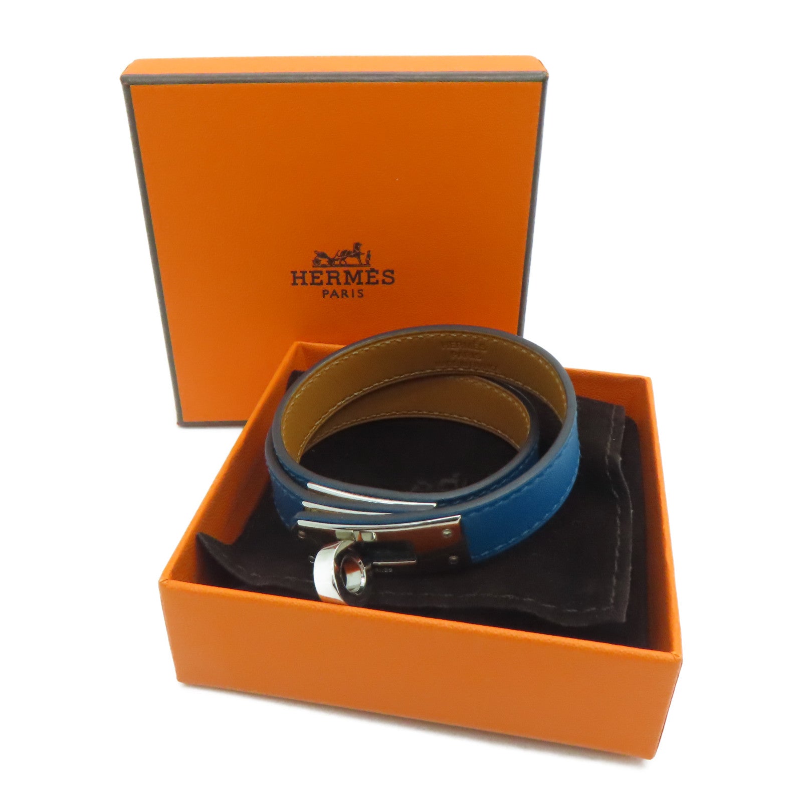 HERMES Swift皮革Kelly Double Toyr银扣手链蓝色
