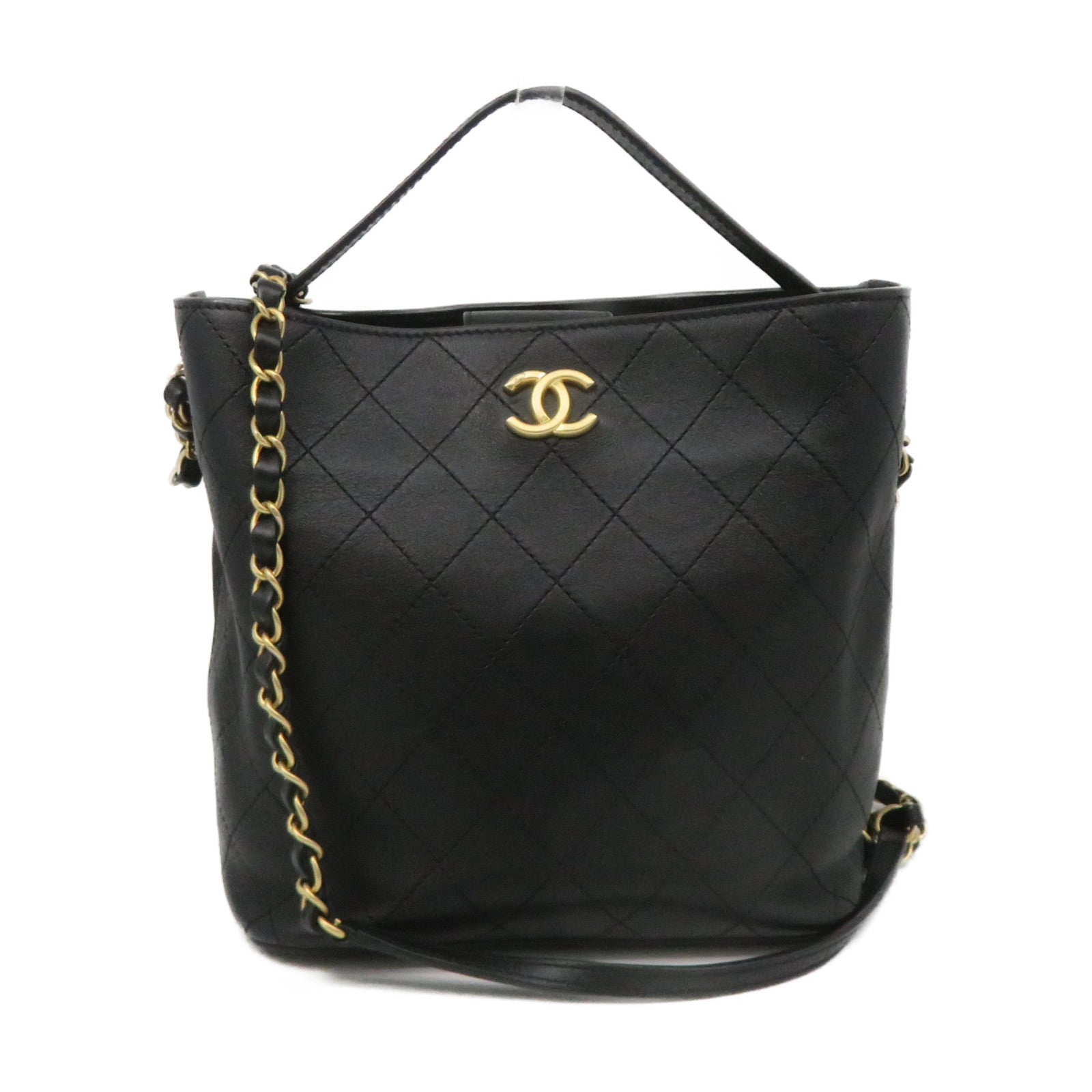 CHANEL Lingge cowhide leather Bucket Bag gold buckle chain belt handle shoulder bag black